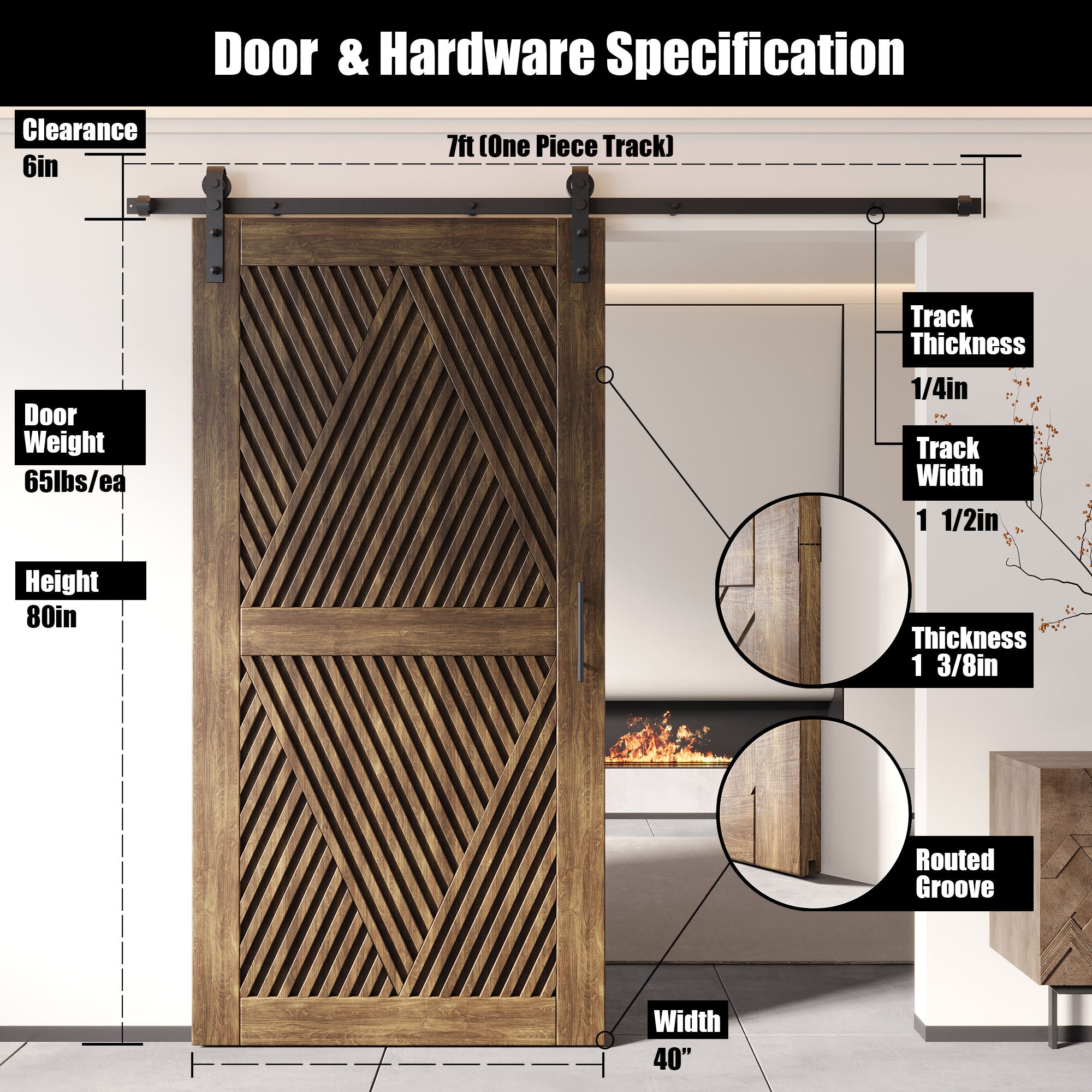 80" Height Dark Walnut Diamond Design Unassembled & Finished Pine Wood Barn Door with Non-Bypass Installation Hardware Kit(Interior Use Only)