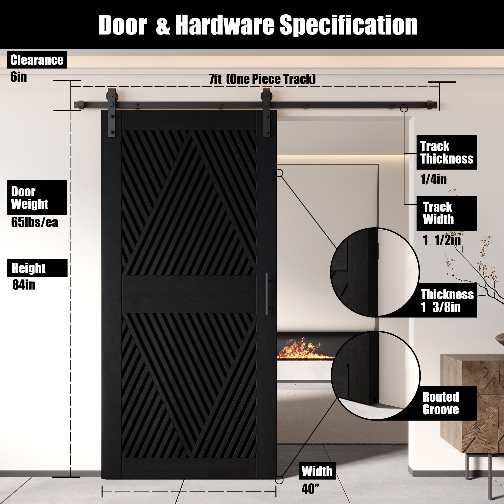 84" Height Black Diamond Design Unassembled & Finished Pine Wood Barn Door with Non-Bypass Installation Hardware Kit(Interior Use Only)