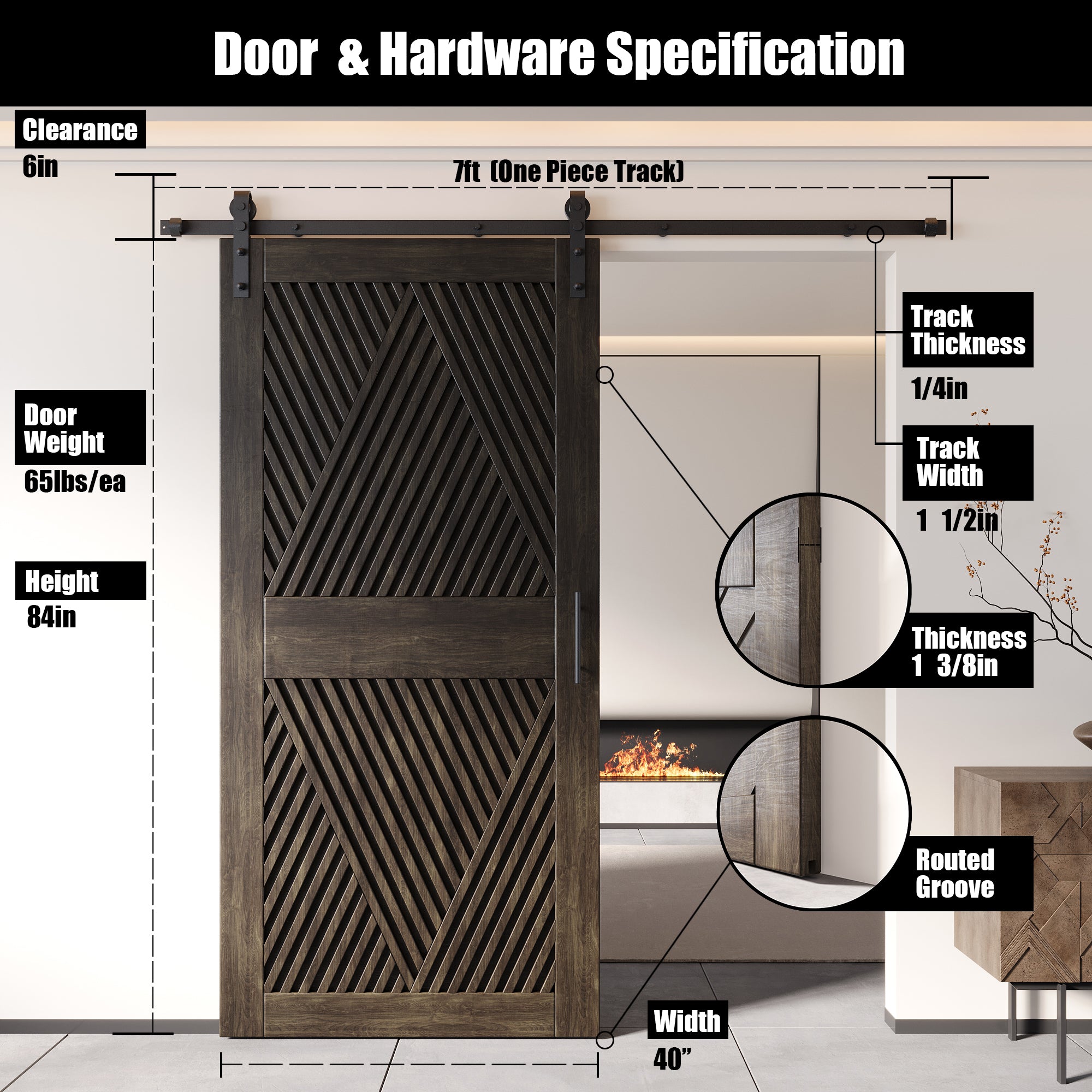 84" Height Ebony Diamond Design Unassembled & Finished Pine Wood Barn Door with Non-Bypass Installation Hardware Kit(Interior Use Only)