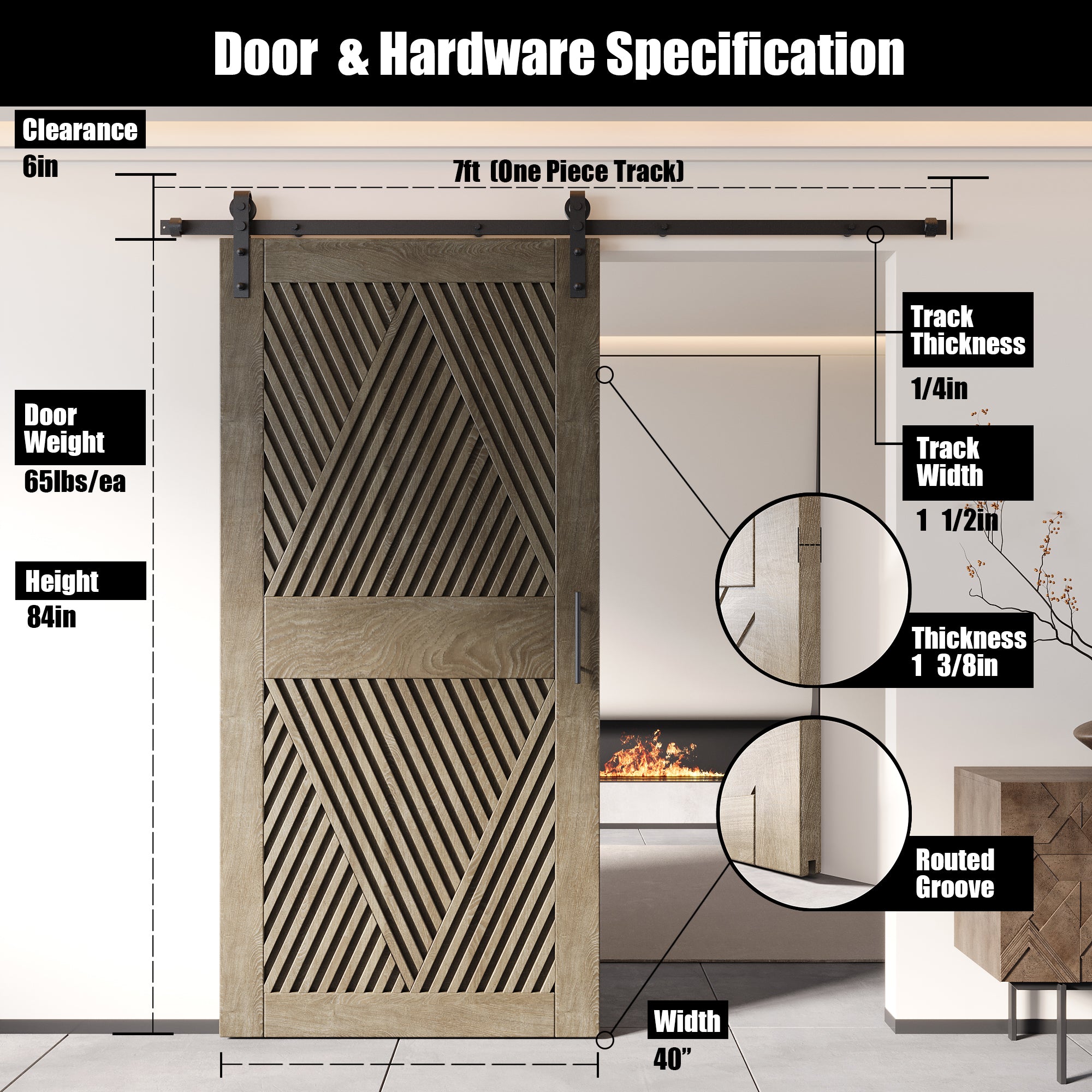 84" Height Classic Gray Diamond Design Unassembled & Finished Pine Wood Barn Door with Non-Bypass Installation Hardware Kit(Interior Use Only)