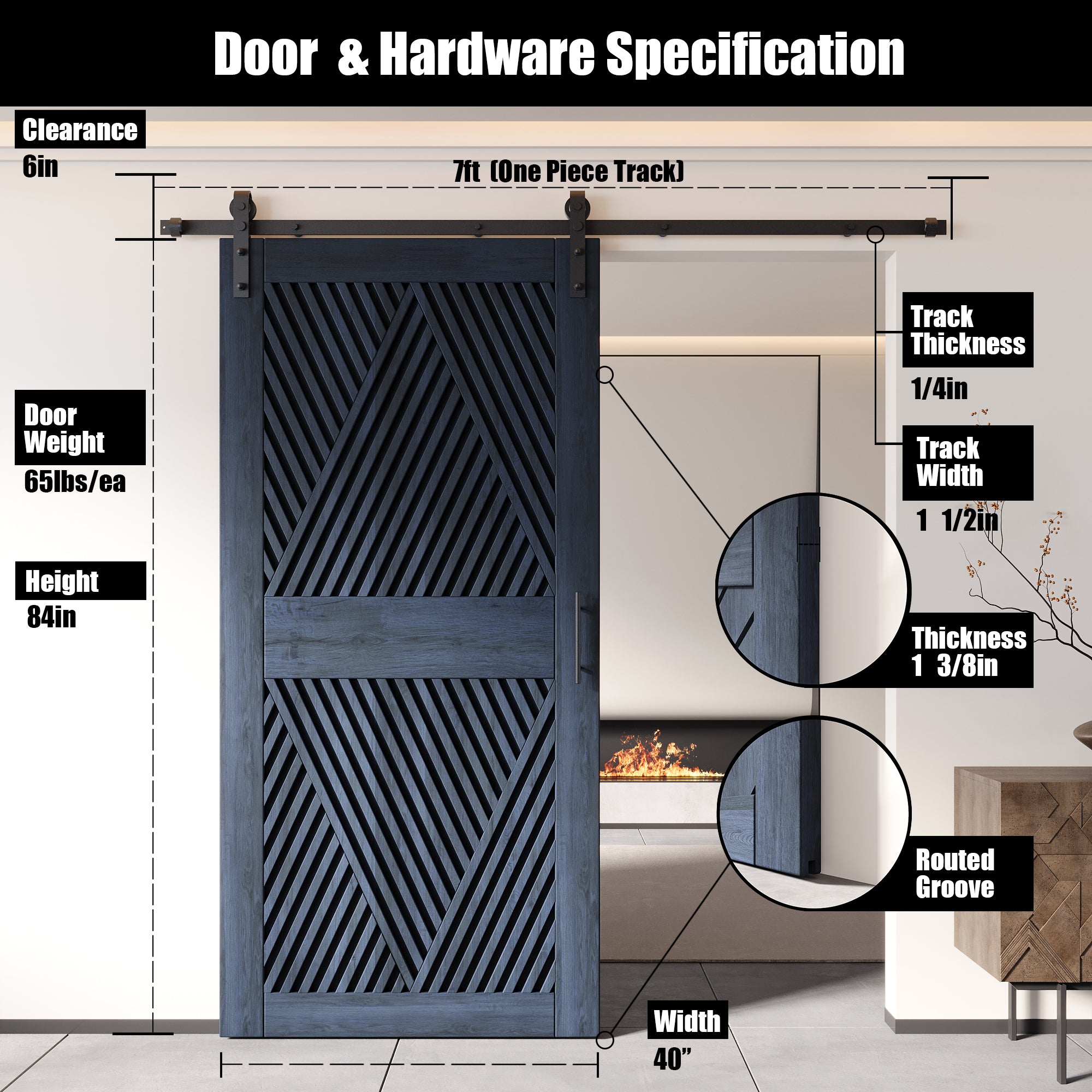 84" Height Navy Diamond Design Unassembled & Finished Pine Wood Barn Door with Non-Bypass Installation Hardware Kit(Interior Use Only)