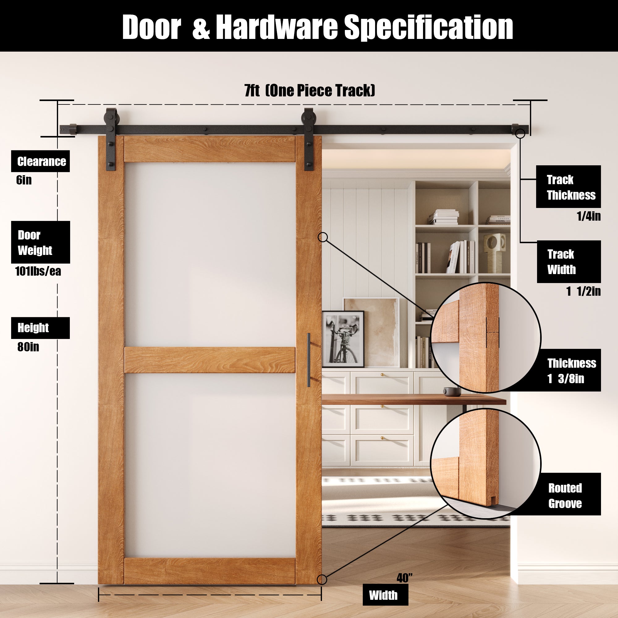 80" Height Early American 2-Lite Frosted Glass Unassembled & Finished Pine Wood Barn Door with Non-Bypass Installation Hardware Kit (Interior Use Only)