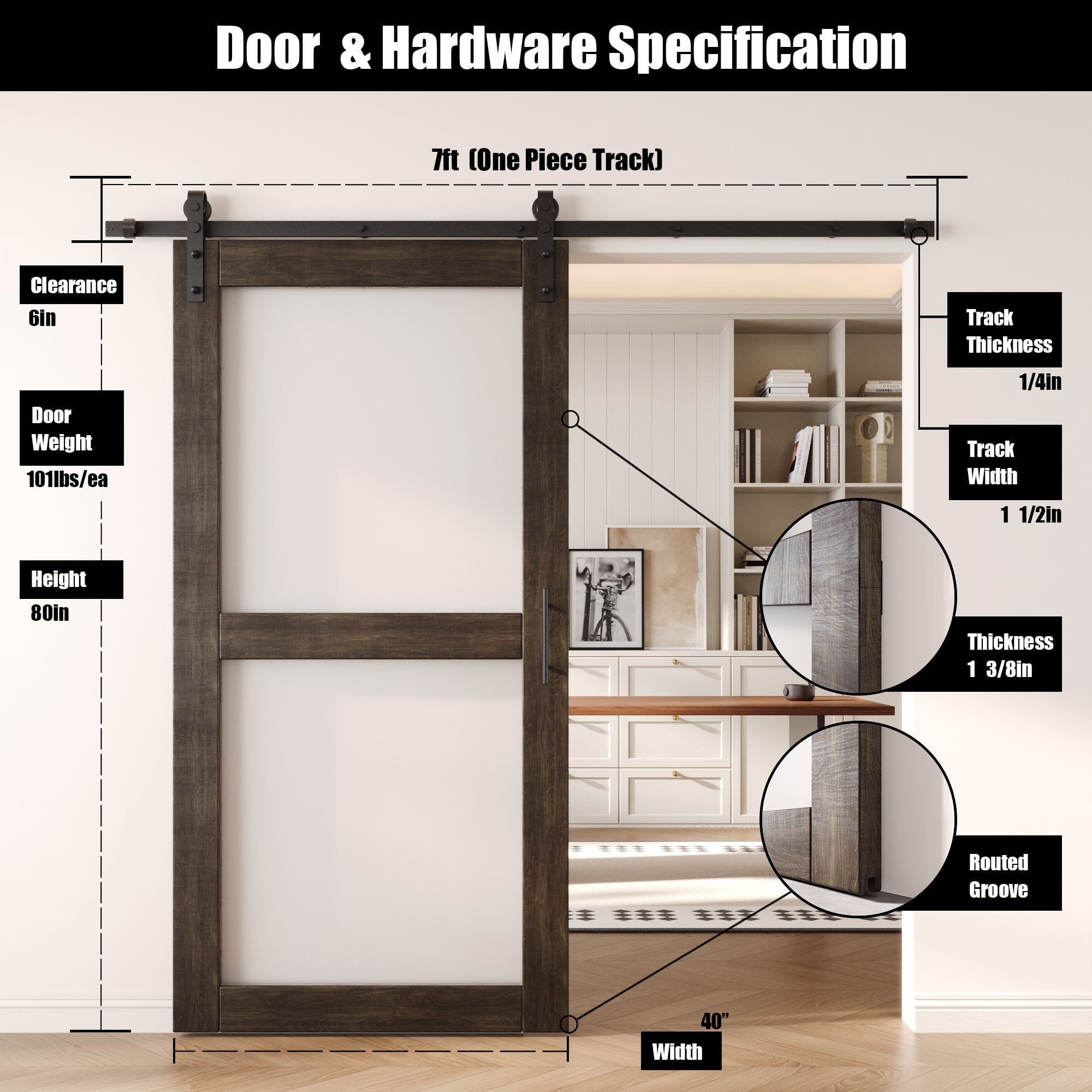 80" Height Ebony 2-Lite Frosted Glass Unassembled & Finished Pine Wood Barn Door with Non-Bypass Installation Hardware Kit (Interior Use Only)
