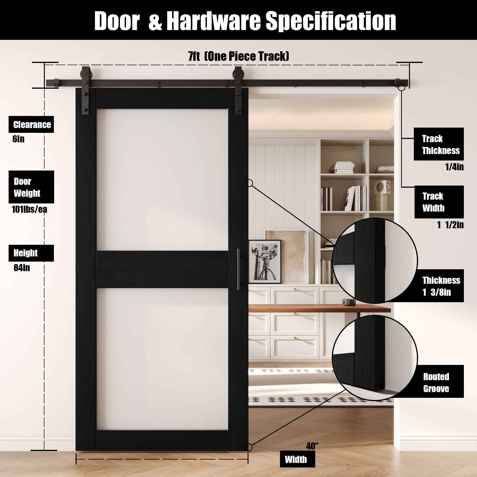 84" Height Black 2-Lite Frosted Glass Unassembled & Finished Pine Wood Barn Door with Non-Bypass Installation Hardware Kit (Interior Use Only)