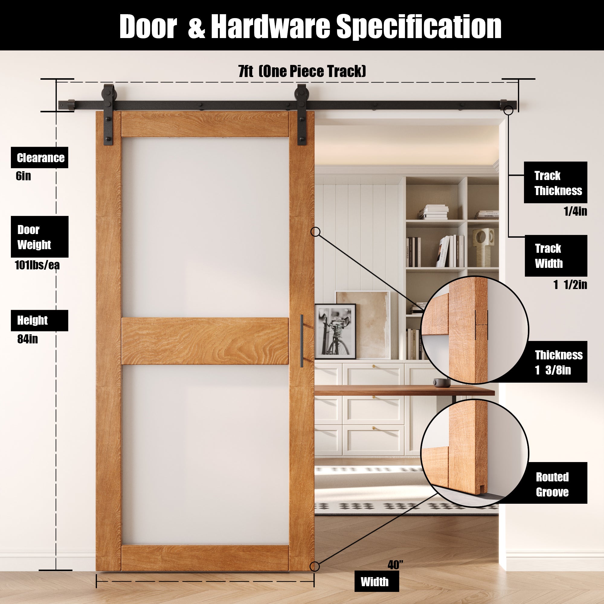 84" Height Early American 2-Lite Frosted Glass Unassembled & Finished Pine Wood Barn Door with Non-Bypass Installation Hardware Kit (Interior Use Only)
