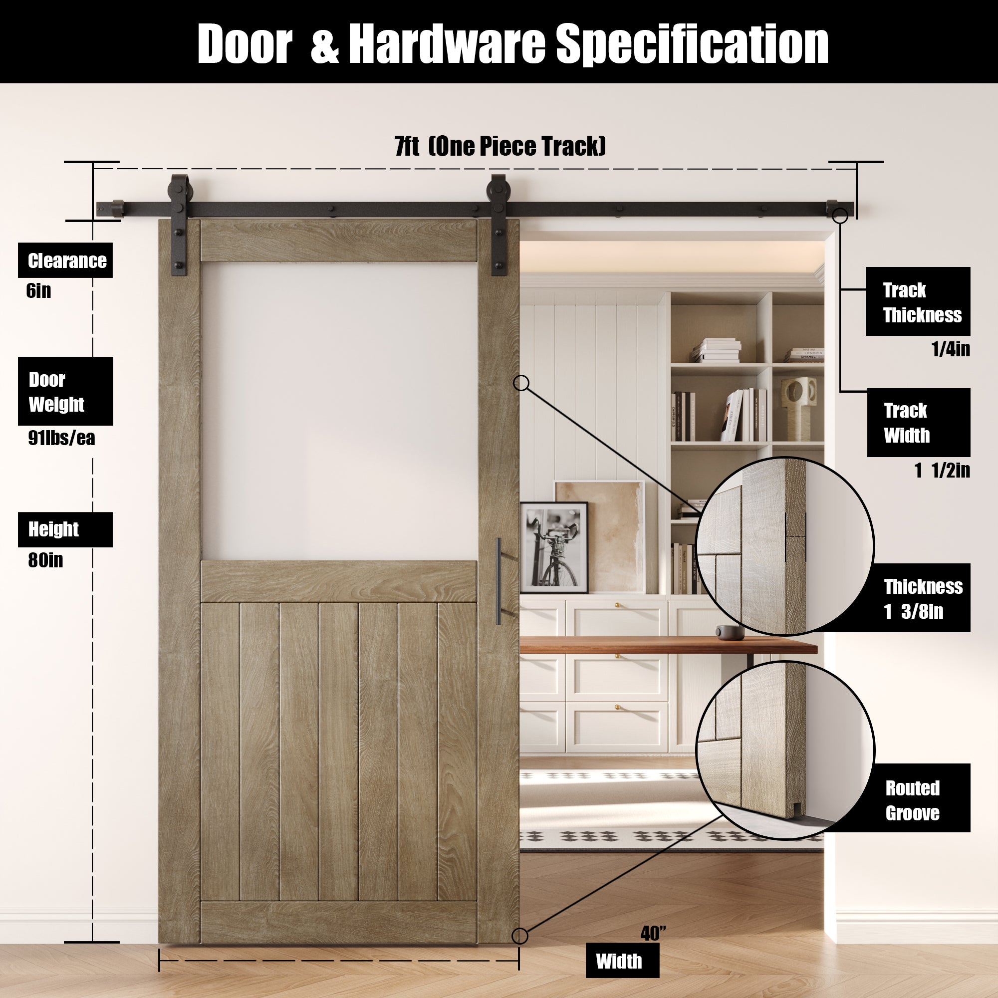 80" Height Classic Gray Half Lite Frosted Glass Unassembled & Finished Pine Wood Barn Door with Non-Bypass Installation Hardware Kit (Interior Use Only)