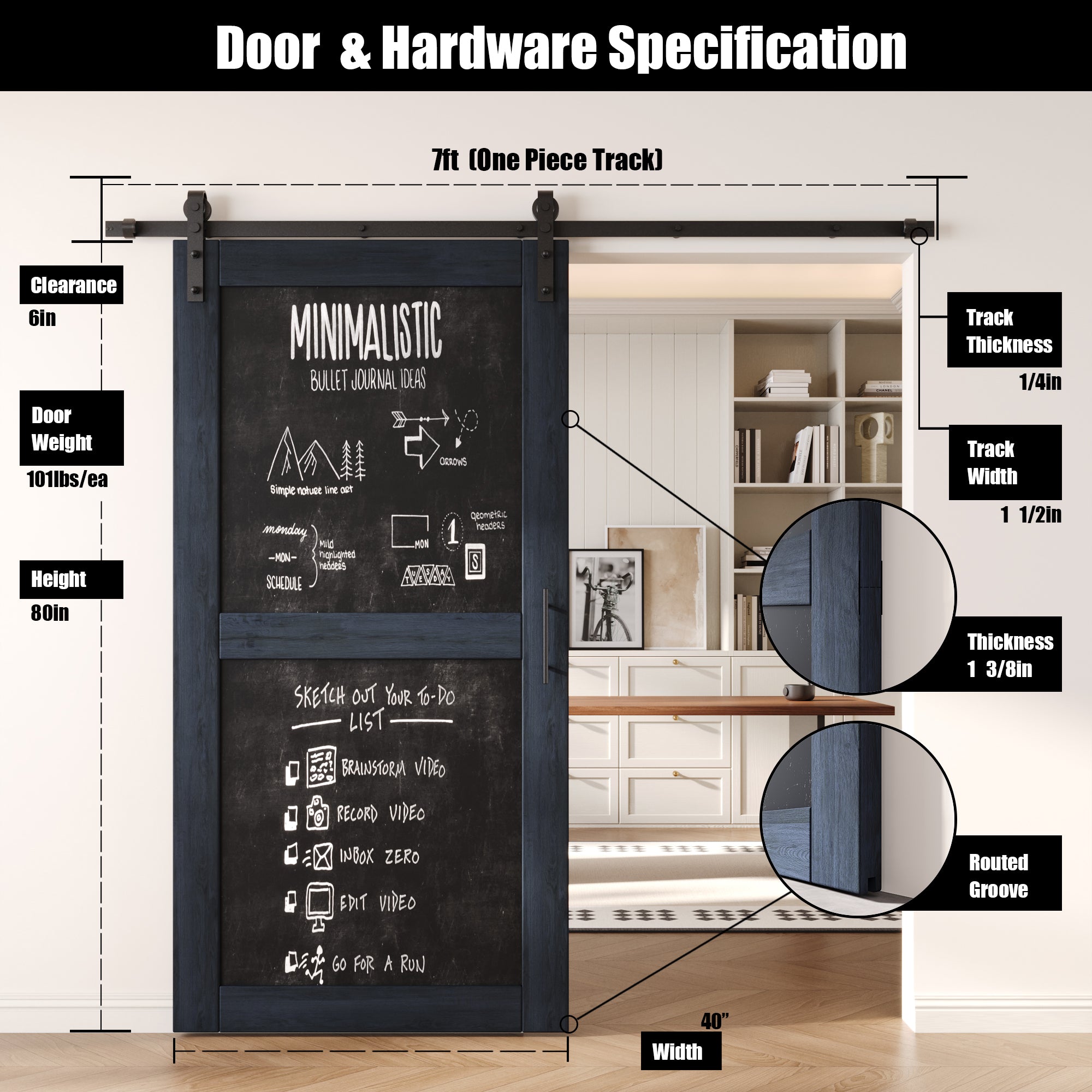 80" Height Navy Chalkboard Design Unassembled & Finished Pine Wood Barn Door with Non-Bypass Installation Hardware Kit (Interior Use Only)