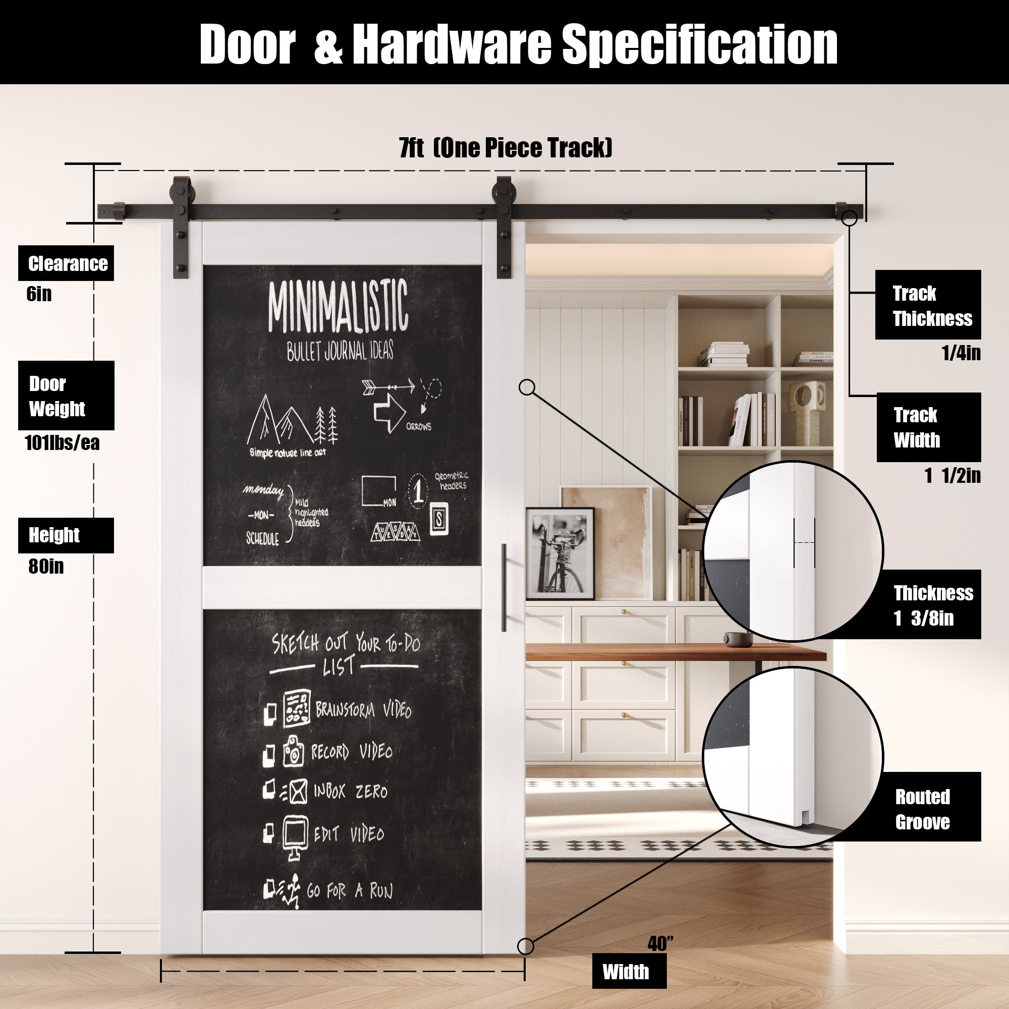 80" Height White Chalkboard Design Unassembled & Finished Pine Wood Barn Door with Non-Bypass Installation Hardware Kit (Interior Use Only)