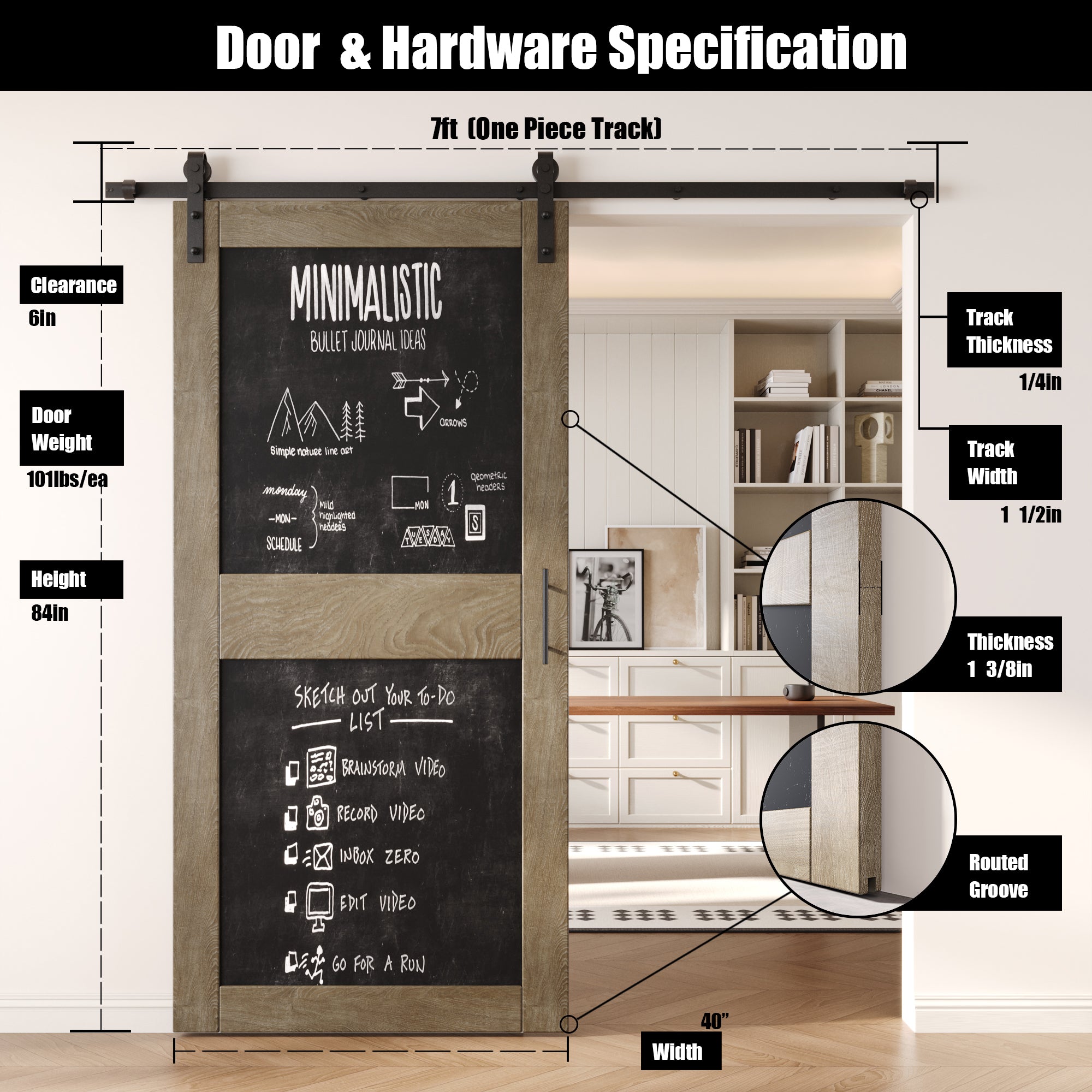 84" Height Classic Gray Chalkboard Design Unassembled & Finished Pine Wood Barn Door with Non-Bypass Installation Hardware Kit (Interior Use Only)