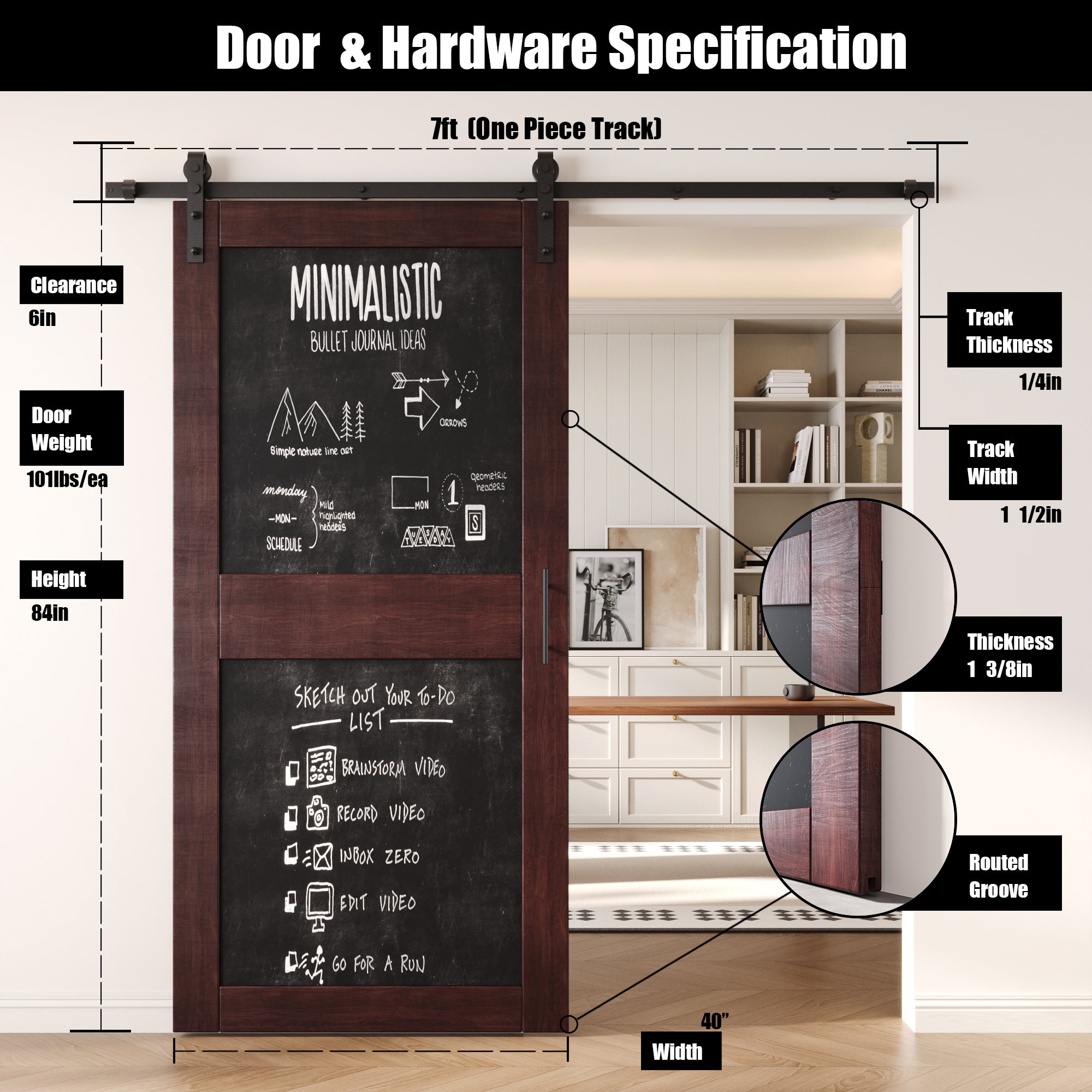 84" Height Red Mahogany Chalkboard Design Unassembled & Finished Pine Wood Barn Door with Non-Bypass Installation Hardware Kit (Interior Use Only)