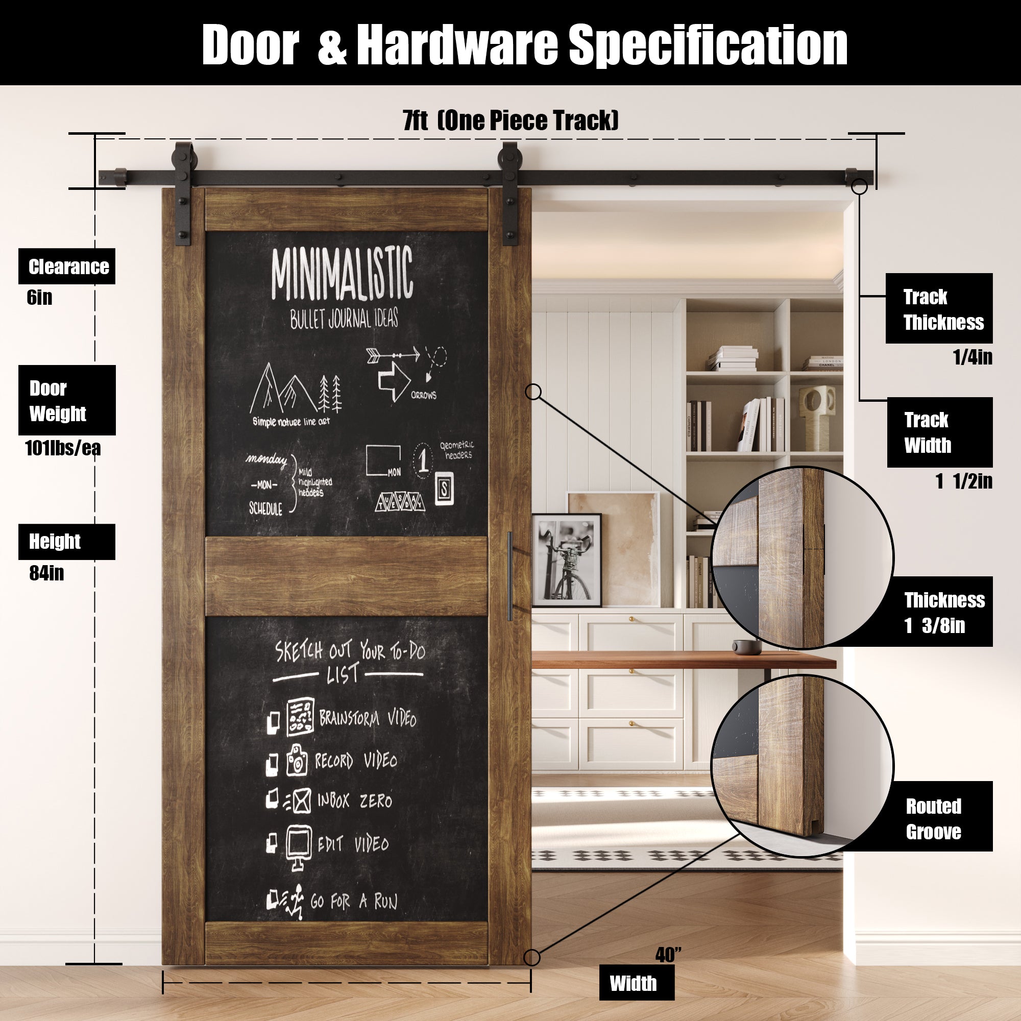 84" Height Dark Walnut Chalkboard Design Unassembled & Finished Pine Wood Barn Door with Non-Bypass Installation Hardware Kit (Interior Use Only)