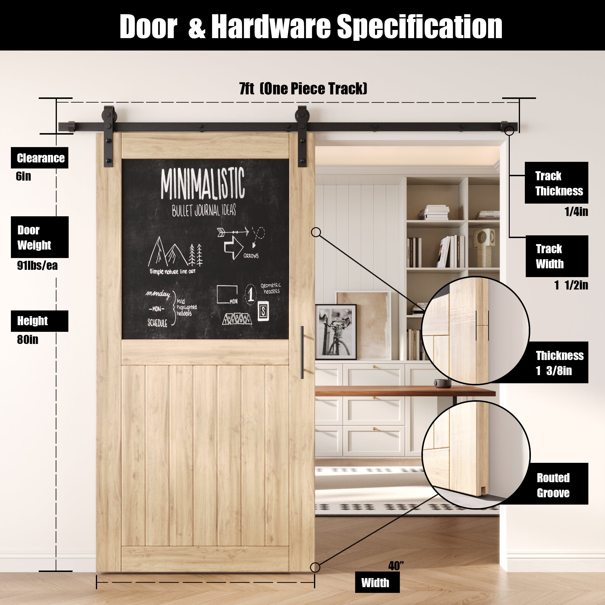 80" Height Top Chalkboard Panel Unassembled & Unfinished Pine Wood Barn Door with Non-Bypass Installation Hardware Kit (Interior Use Only)