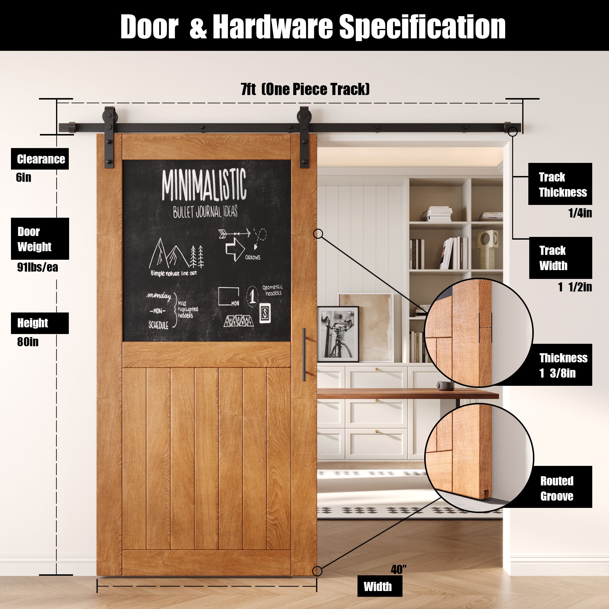 80" Height Early American Top Chalkboard Panel Unassembled & Finished Pine Wood Barn Door with Non-Bypass Installation Hardware Kit (Interior Use Only)