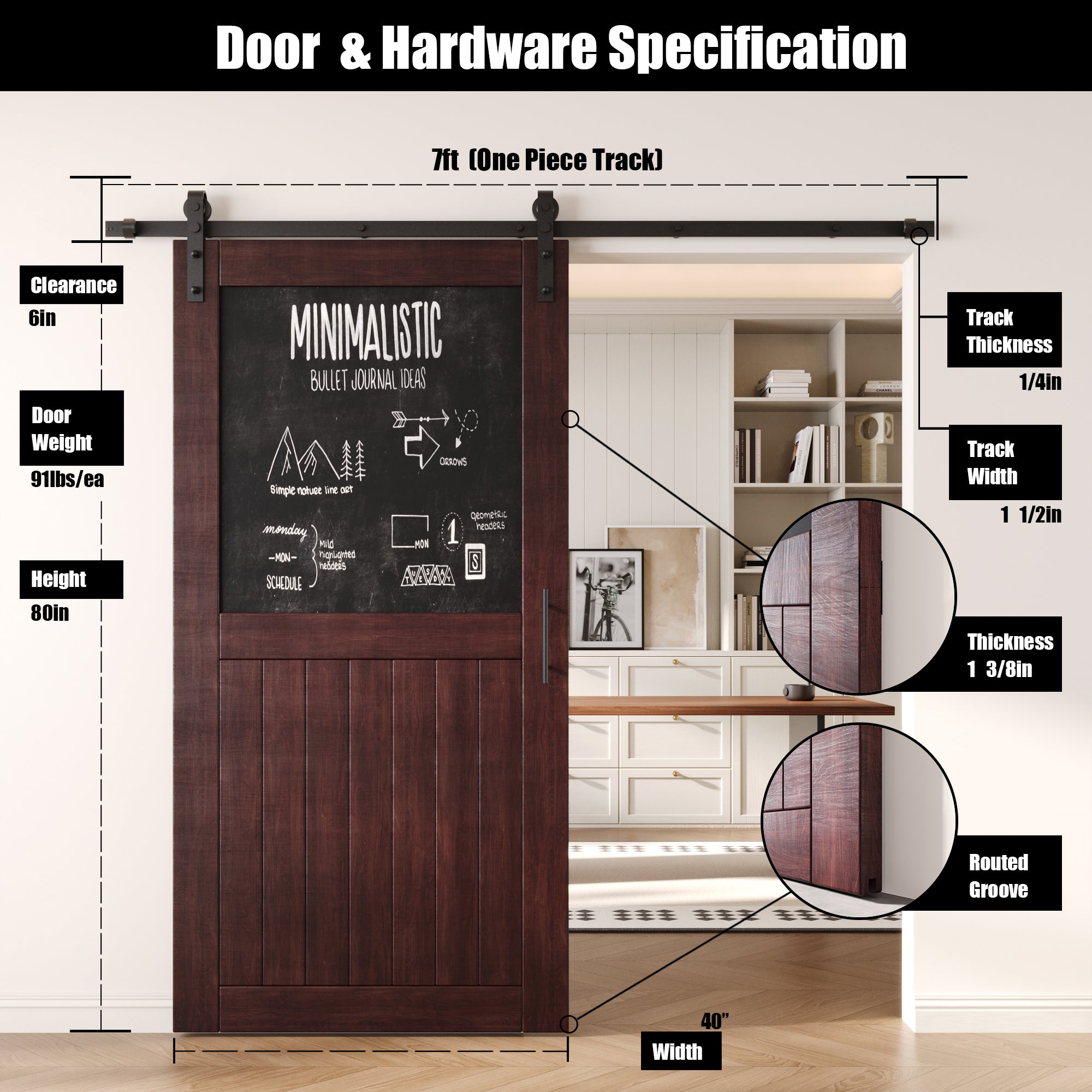 80" Height Red Mahogany Top Chalkboard Panel Unassembled & Finished Pine Wood Barn Door with Non-Bypass Installation Hardware Kit (Interior Use Only)