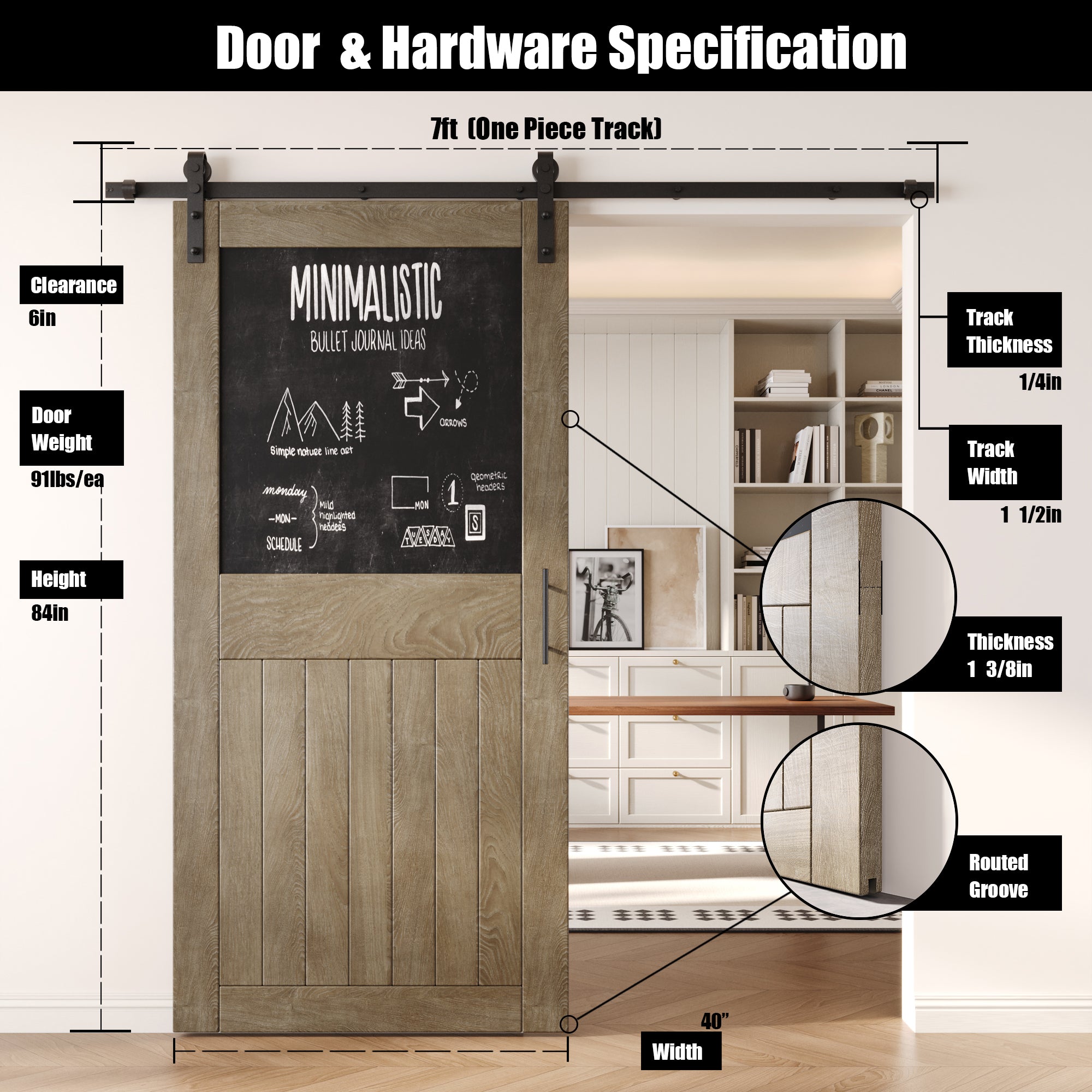 84" Height Classic Gray Top Chalkboard Panel Unassembled & Finished Pine Wood Barn Door with Non-Bypass Installation Hardware Kit (Interior Use Only)