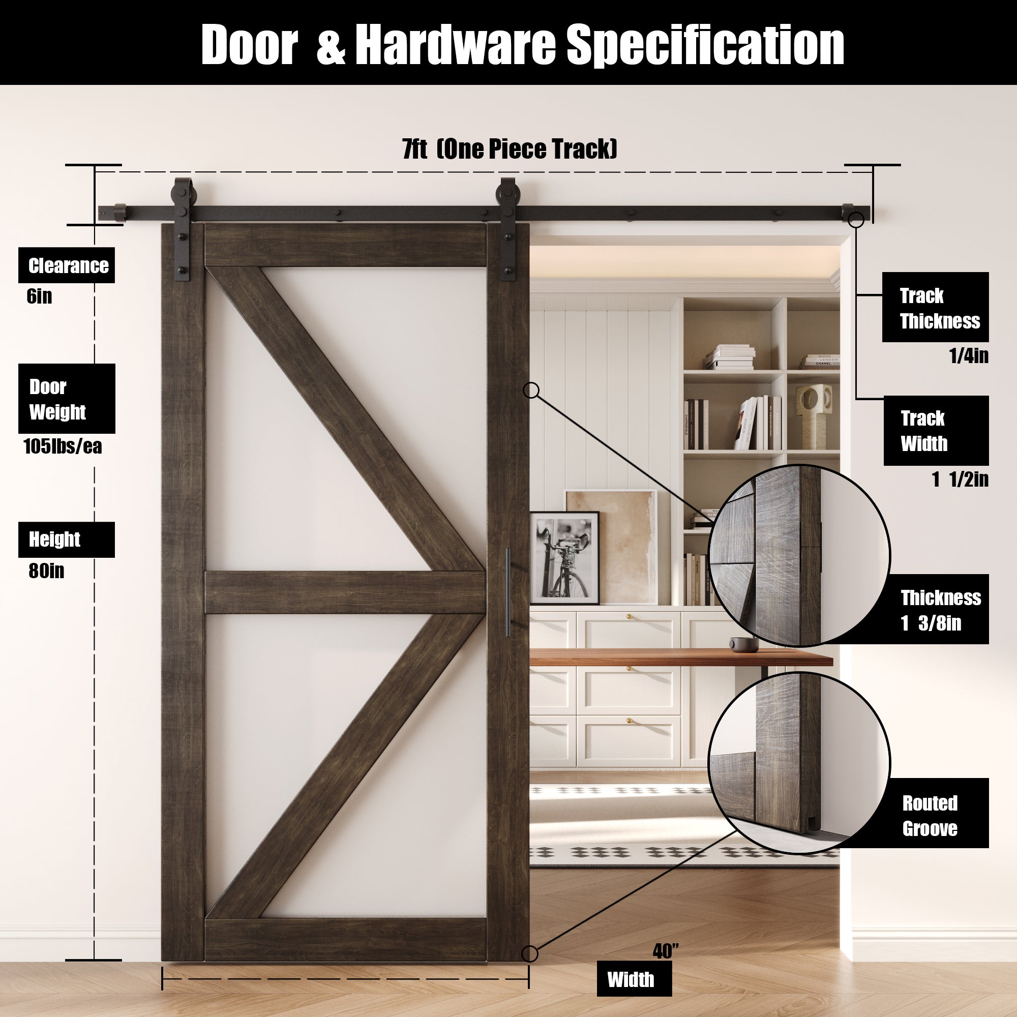 80" Height Ebony Arrow Pattern Glass Unassembled & Finished Pine Wood Barn Door with Non-Bypass Installation Hardware Kit (Interior Use Only)