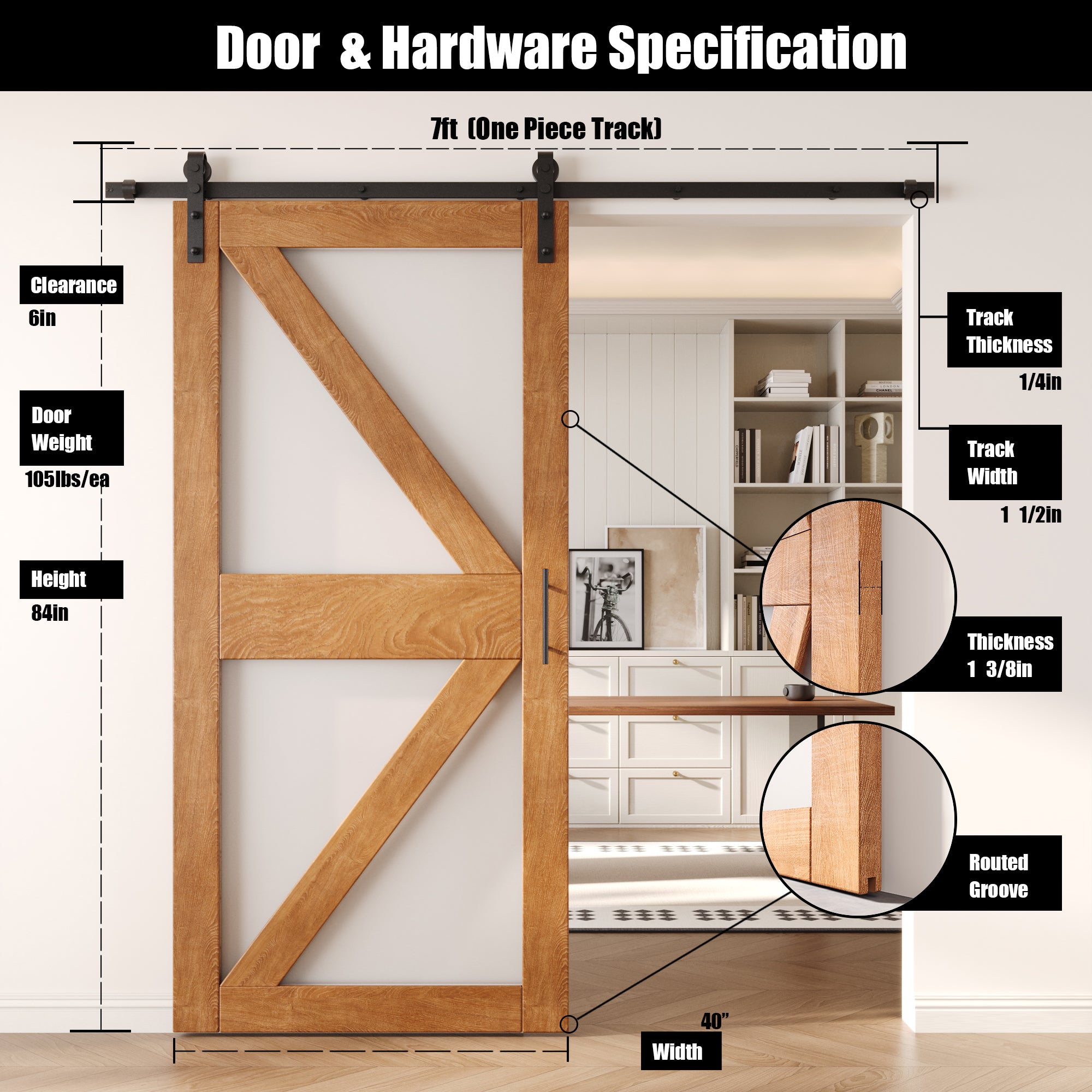 84" Height Early American Frosted Glass Arrow Design Unassembled & Finished Pine Wood Barn Door with Non-Bypass Installation Hardware Kit (Interior Use Only)