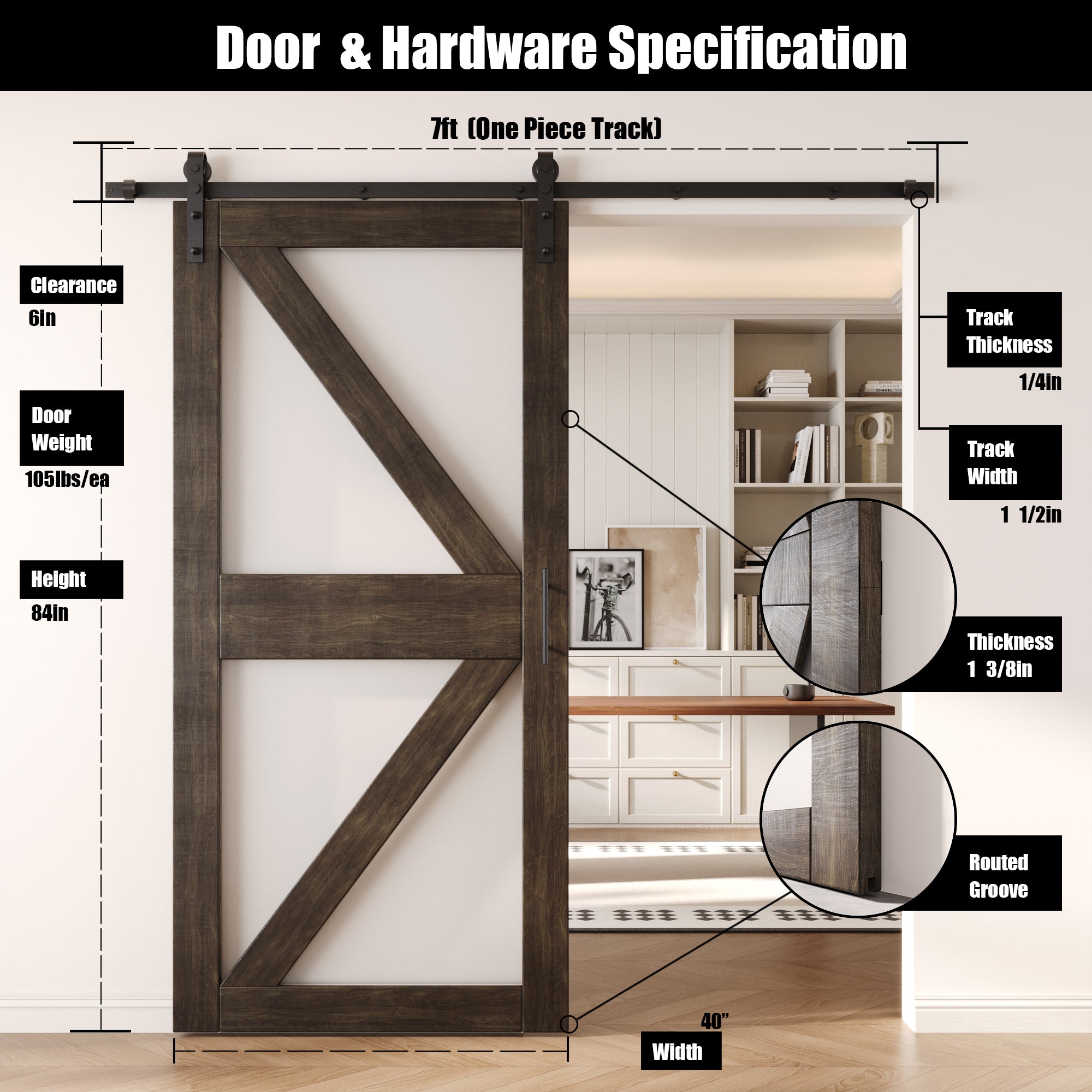 84" Height Ebony Arrow Pattern Glass Unassembled & Finished Pine Wood Barn Door with Non-Bypass Installation Hardware Kit (Interior Use Only)
