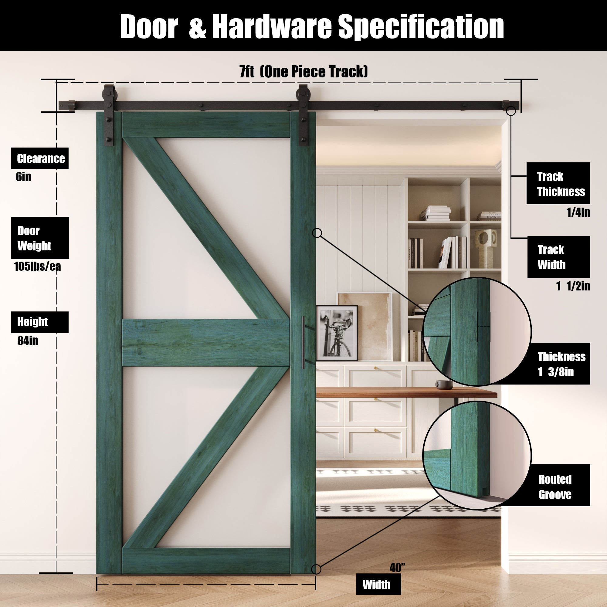 84" Height Royal Pine Frosted Glass Arrow Design Unassembled & Finished Pine Wood Barn Door with Non-Bypass Installation Hardware Kit (Interior Use Only)