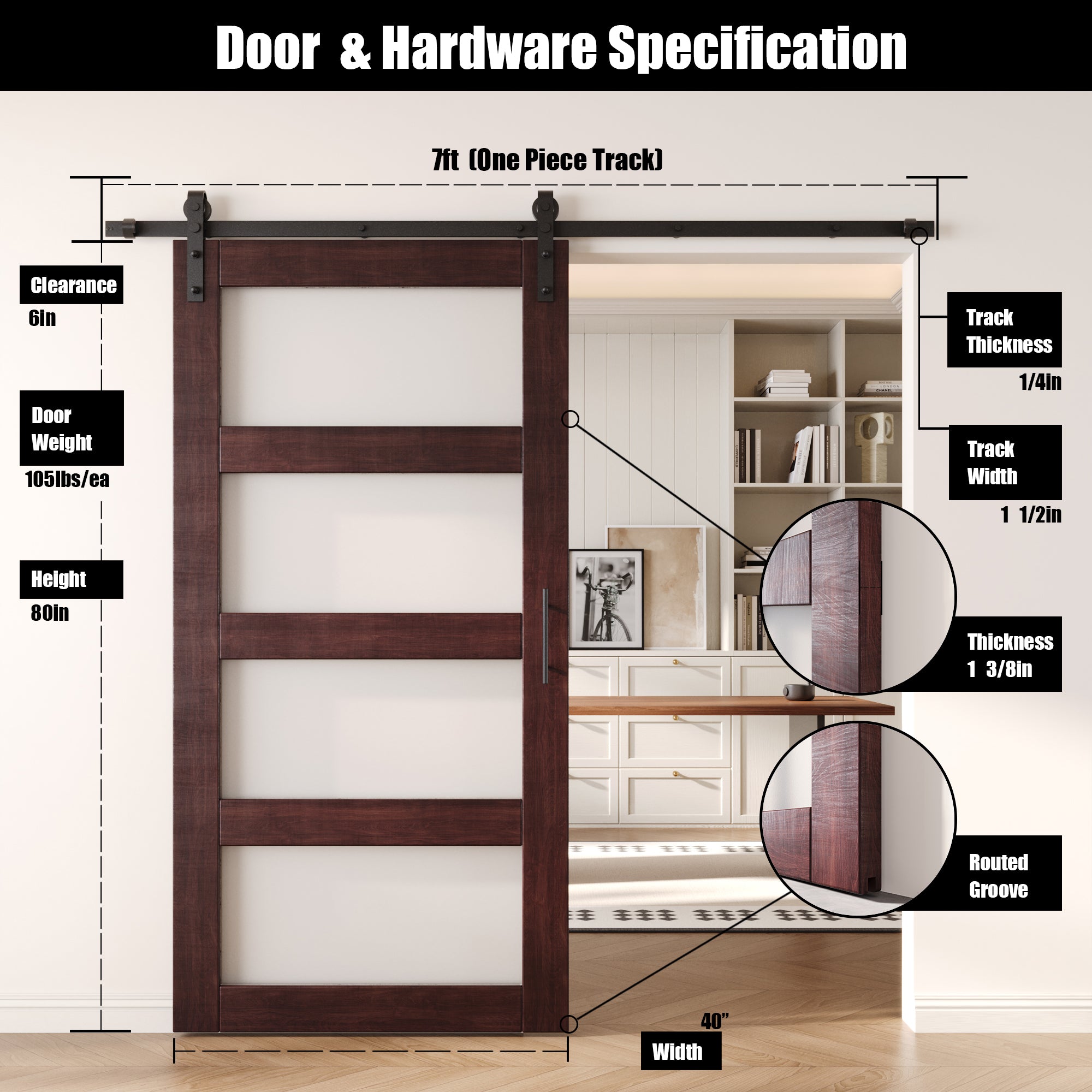 80" Height Red Mahogany 4-Lite Frosted Glass Unassembled & Finished Pine Wood Barn Door with Non-Bypass Installation Hardware Kit (Interior Use Only)