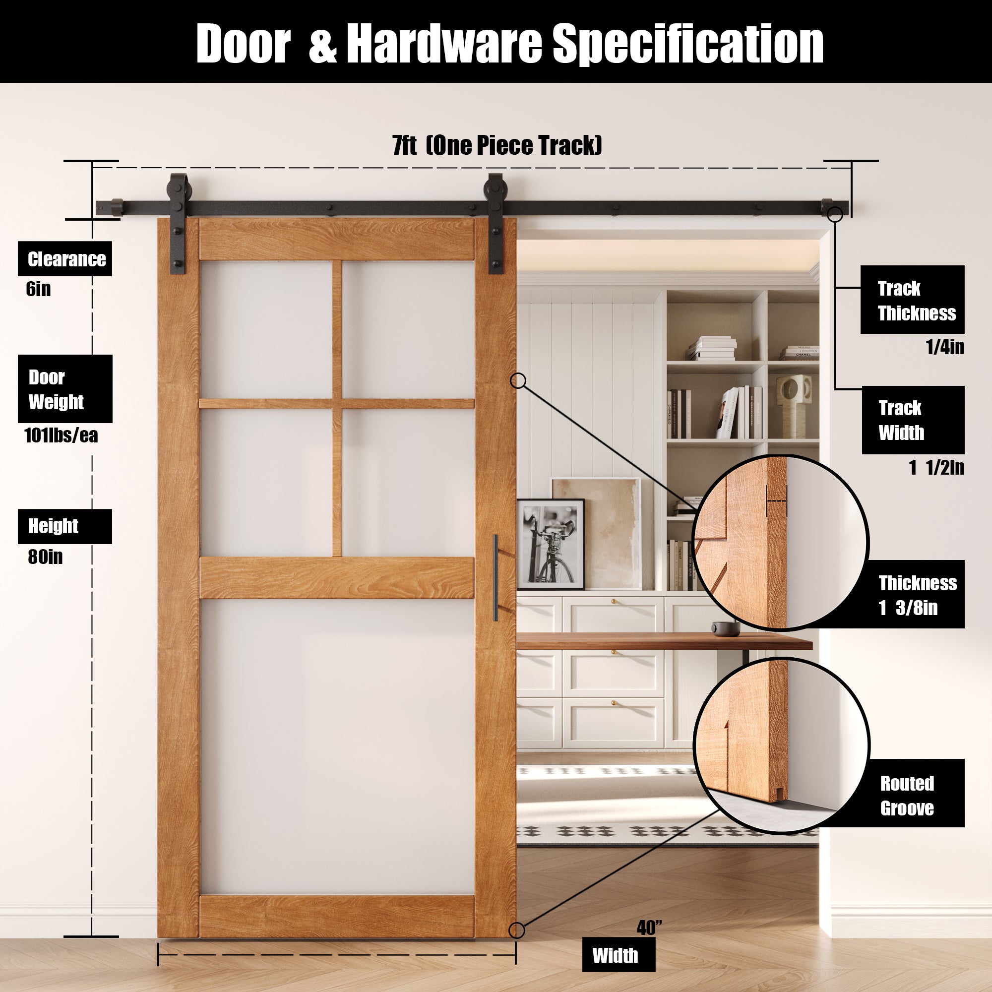 80" Height Early American 5-Lite Frosted Glass Unassembled & Finished Pine Wood Barn Door with Non-Bypass Installation Hardware Kit (Interior Use Only)