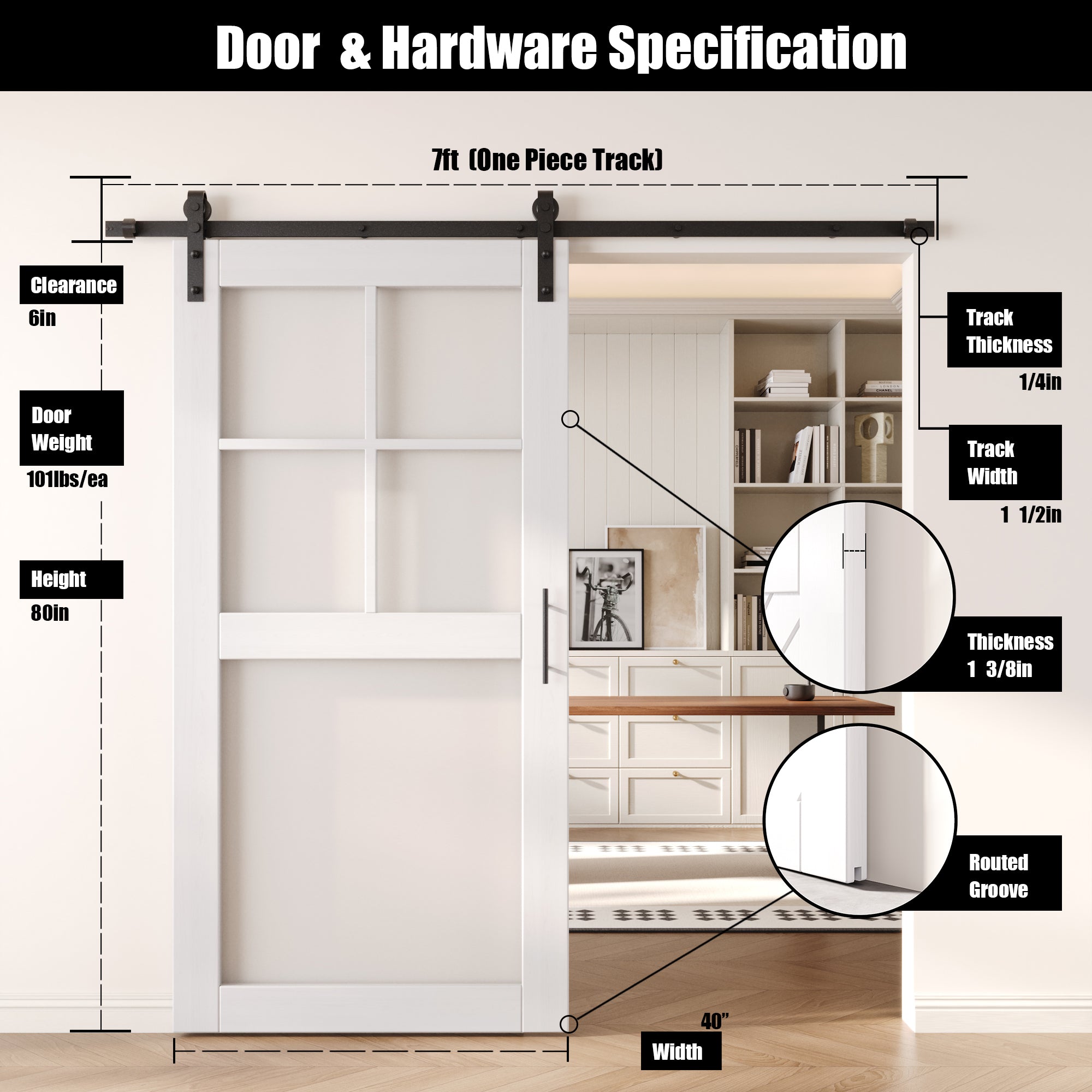 80" Height White 5-Lite Frosted Glass Unassembled & Finished Pine Wood Barn Door with Non-Bypass Installation Hardware Kit (Interior Use Only)