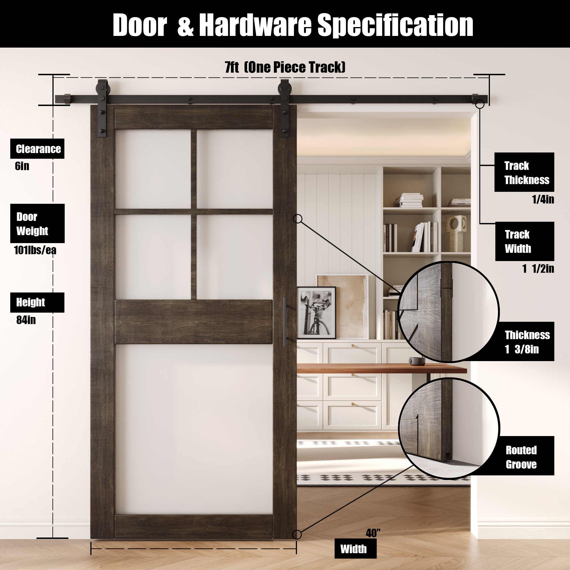 84" Height Ebony 5-Lite Frosted Glass Unassembled & Finished Pine Wood Barn Door with Non-Bypass Installation Hardware Kit (Interior Use Only)