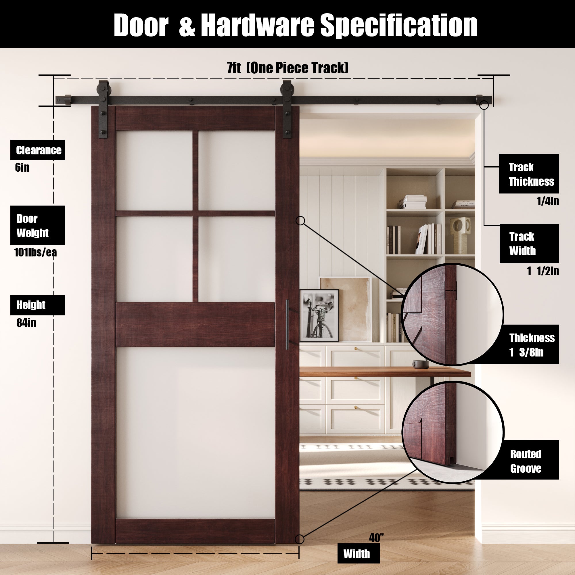 84" Height Red Mahogany 5-Lite Frosted Glass Unassembled & Finished Pine Wood Barn Door with Non-Bypass Installation Hardware Kit (Interior Use Only)