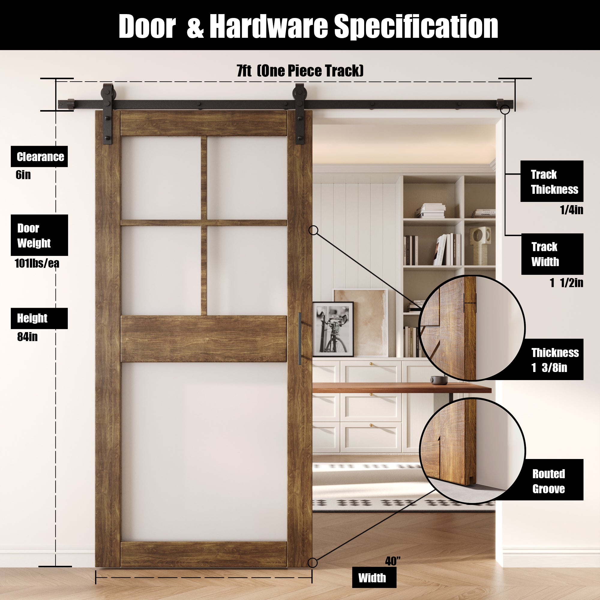 84" Height Dark Walnut 5-Lite Frosted Glass Unassembled & Finished Pine Wood Barn Door with Non-Bypass Installation Hardware Kit (Interior Use Only)