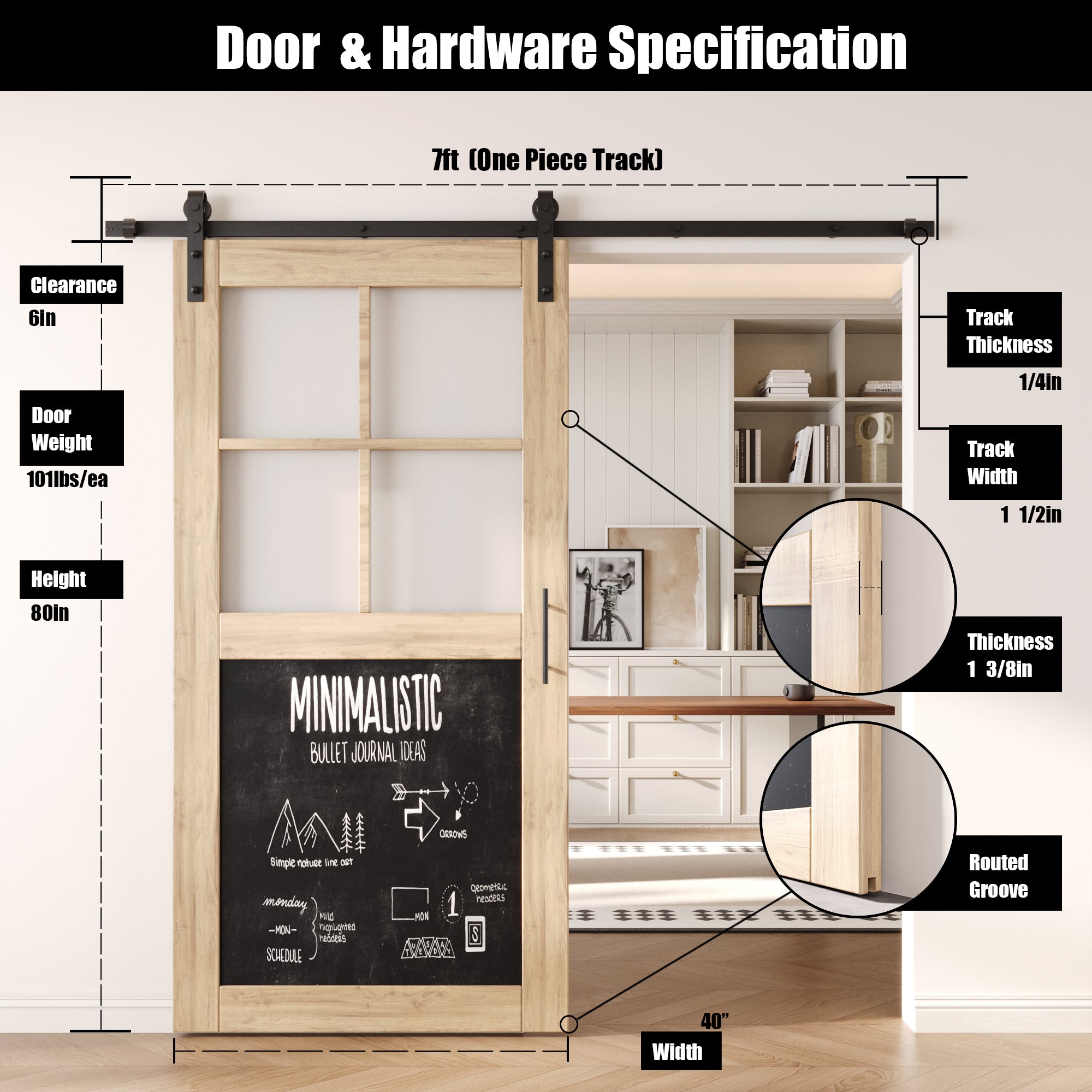 80" Height Half Lite Chalkboard Unassembled & Unfinished Pine Wood Barn Door with Non-Bypass Installation Hardware Kit (Interior Use Only)