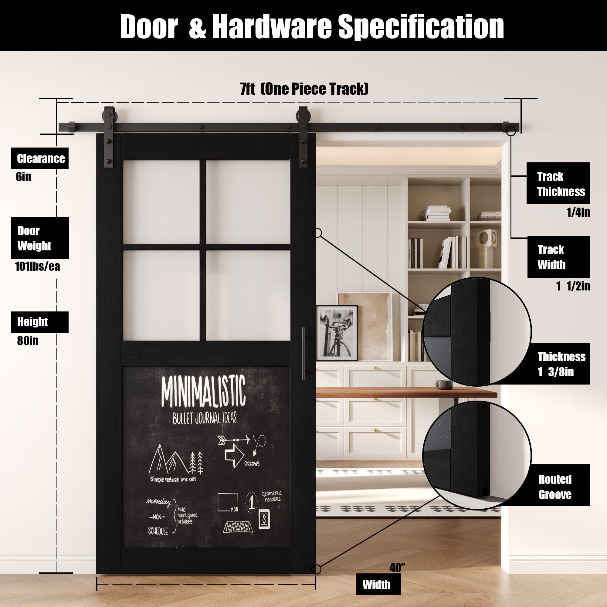 80" Height Black Half Lite Chalkboard Unassembled & Finished Pine Wood Barn Door with Non-Bypass Installation Hardware Kit (Interior Use Only)