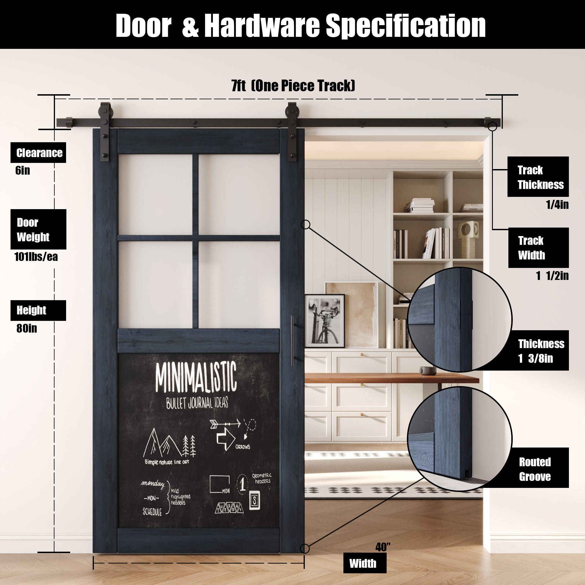 80" Height Navy Half Lite Chalkboard Unassembled & Finished Pine Wood Barn Door with Non-Bypass Installation Hardware Kit (Interior Use Only)