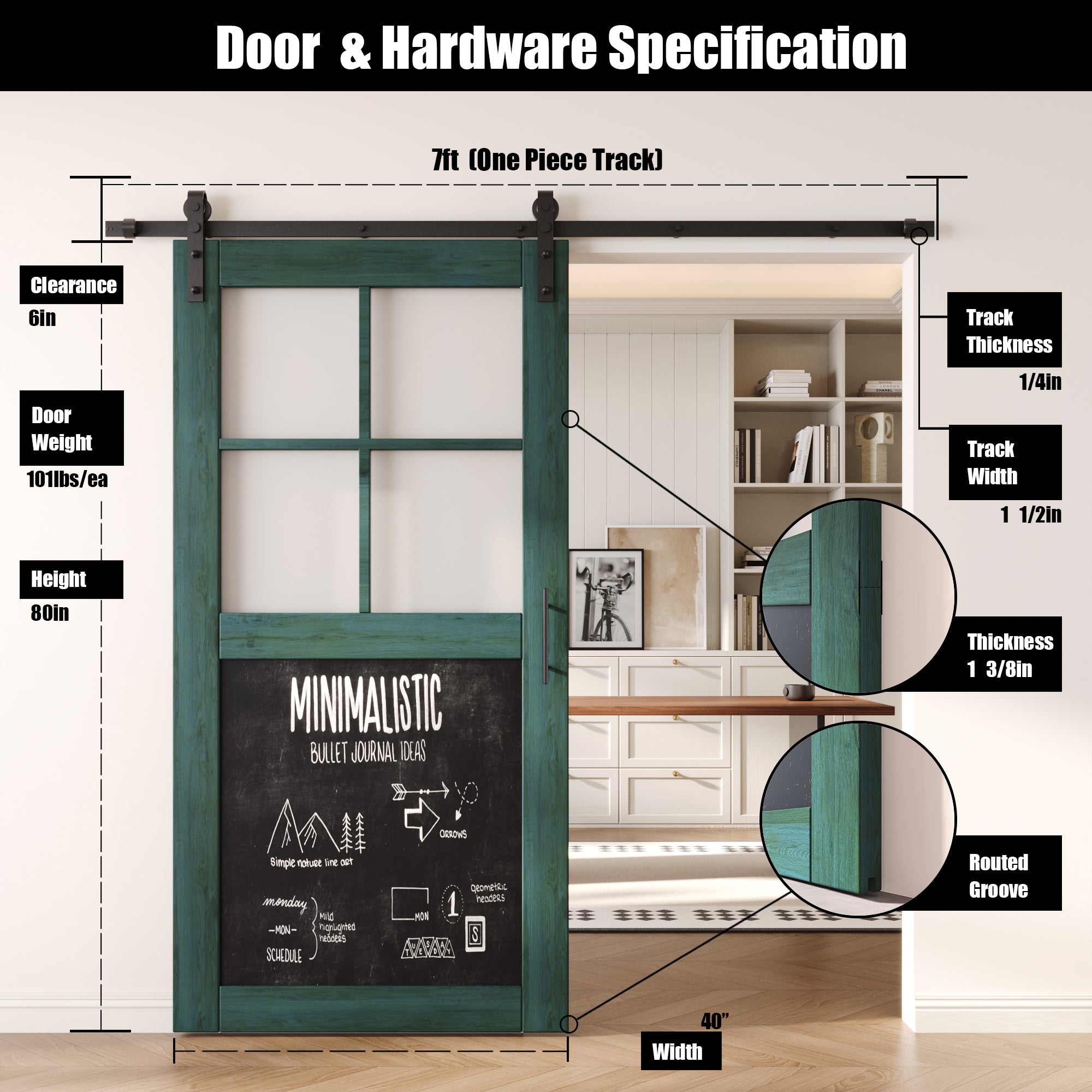 80" Height Royal Pine Half Lite Chalkboard Unassembled & Finished Pine Wood Barn Door with Non-Bypass Installation Hardware Kit (Interior Use Only)