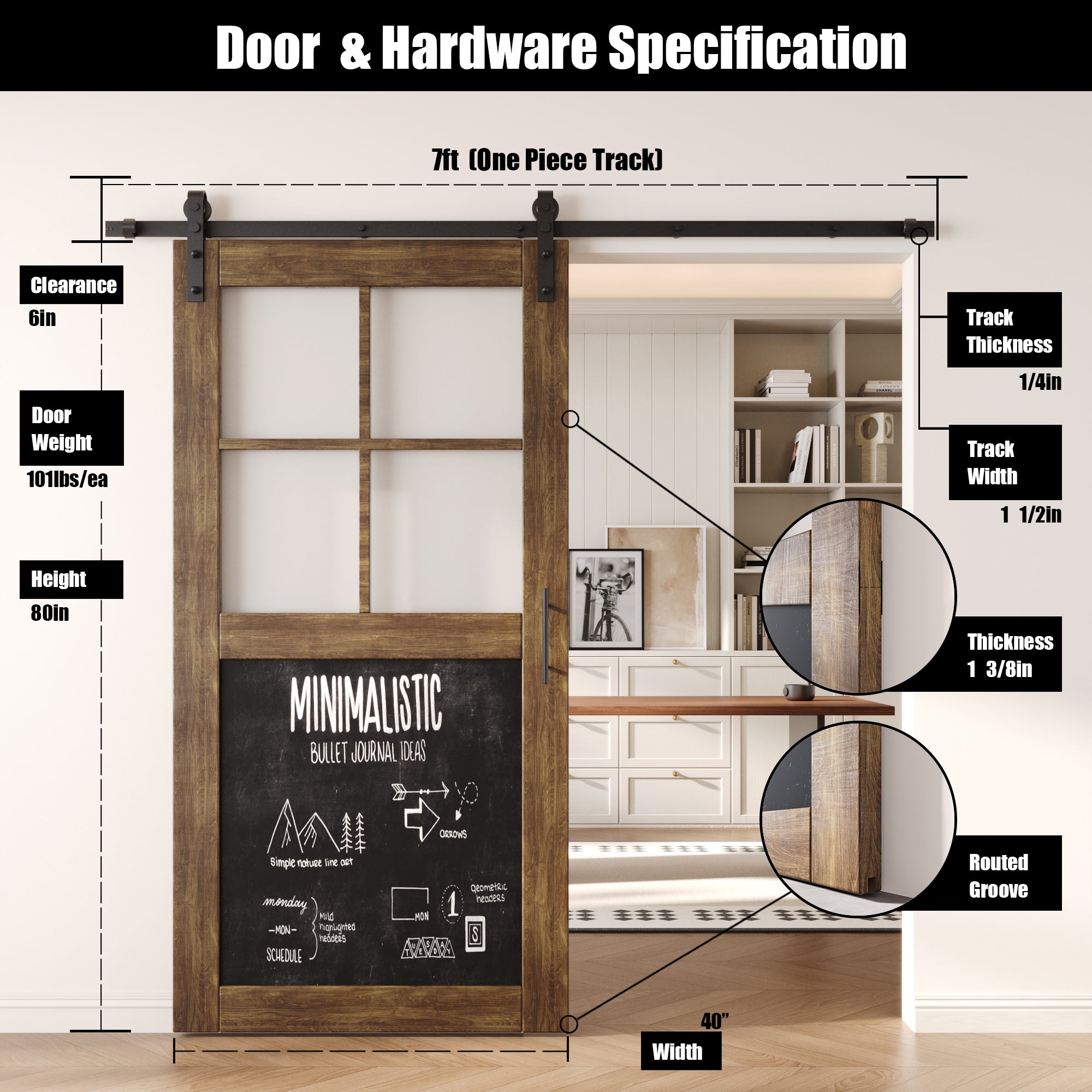 80" Height Dark Walnut Half Lite Chalkboard Unassembled & Finished Pine Wood Barn Door with Non-Bypass Installation Hardware Kit (Interior Use Only)