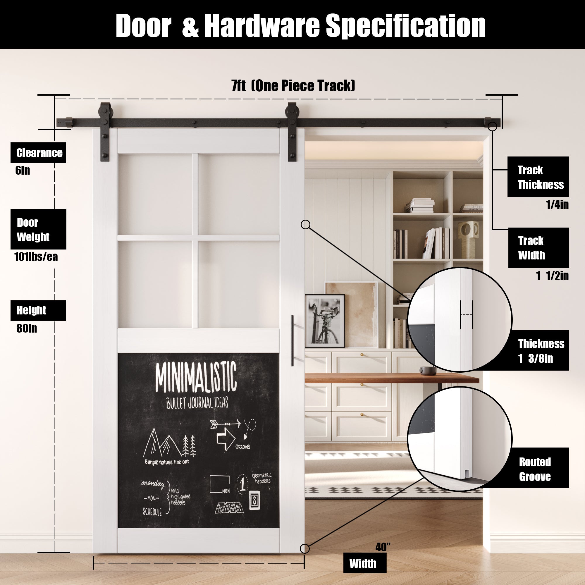 80" Height White Half Lite Chalkboard Unassembled & Finished Pine Wood Barn Door with Non-Bypass Installation Hardware Kit (Interior Use Only)