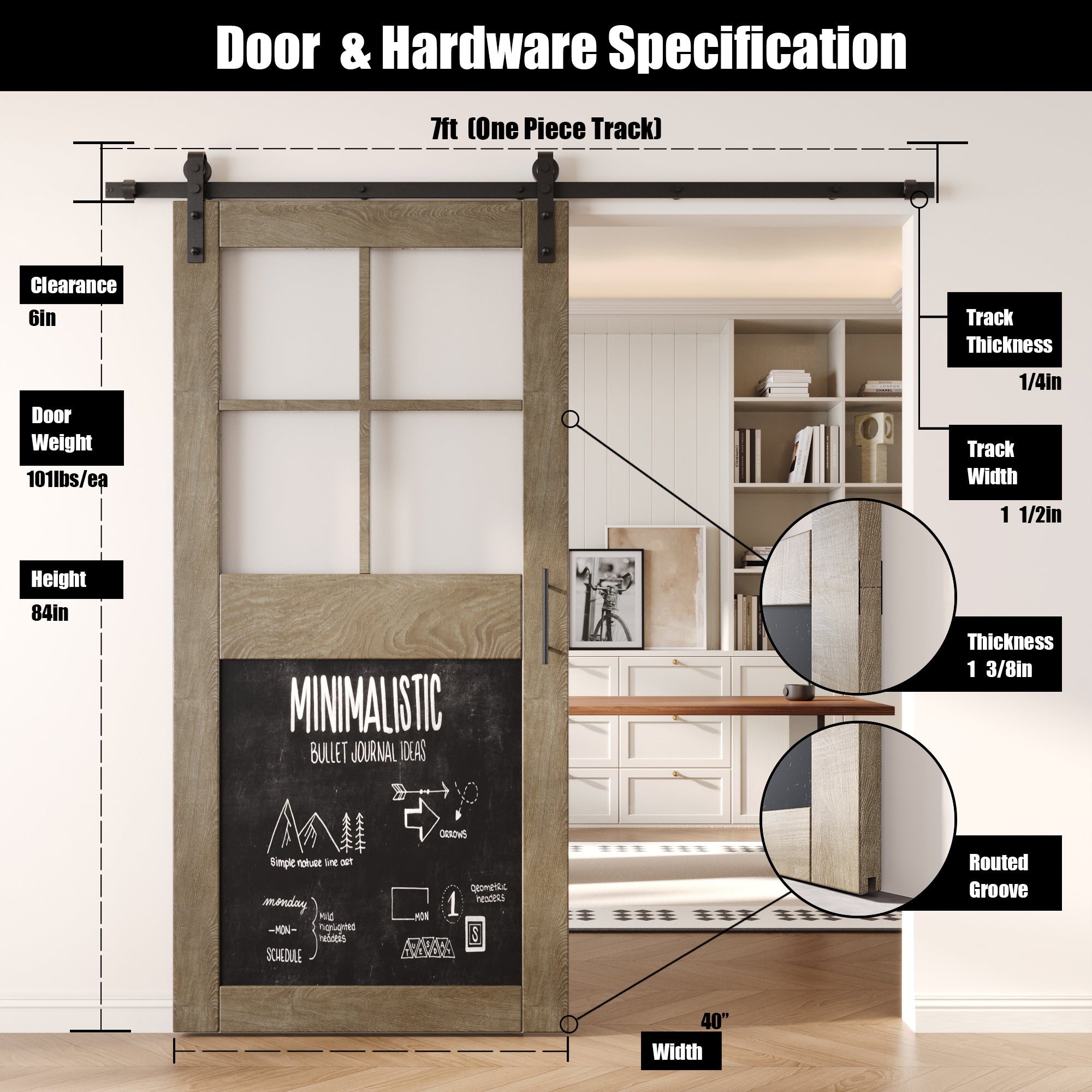 84" Height Classic Gray Half Lite Chalkboard Unassembled & Finished Pine Wood Barn Door with Non-Bypass Installation Hardware Kit (Interior Use Only)