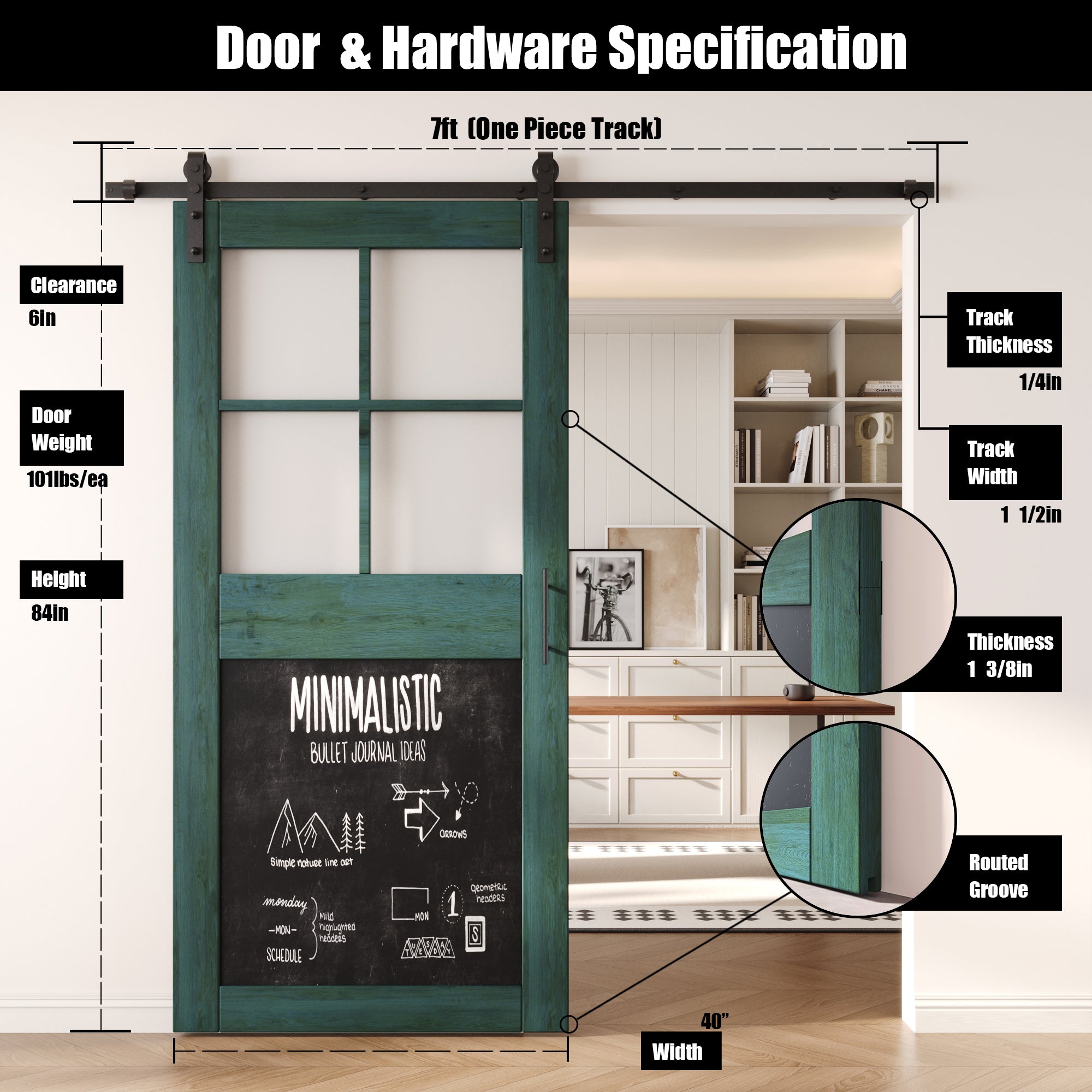 84" Height Royal Pine Half Lite Chalkboard Unassembled & Finished Pine Wood Barn Door with Non-Bypass Installation Hardware Kit (Interior Use Only)