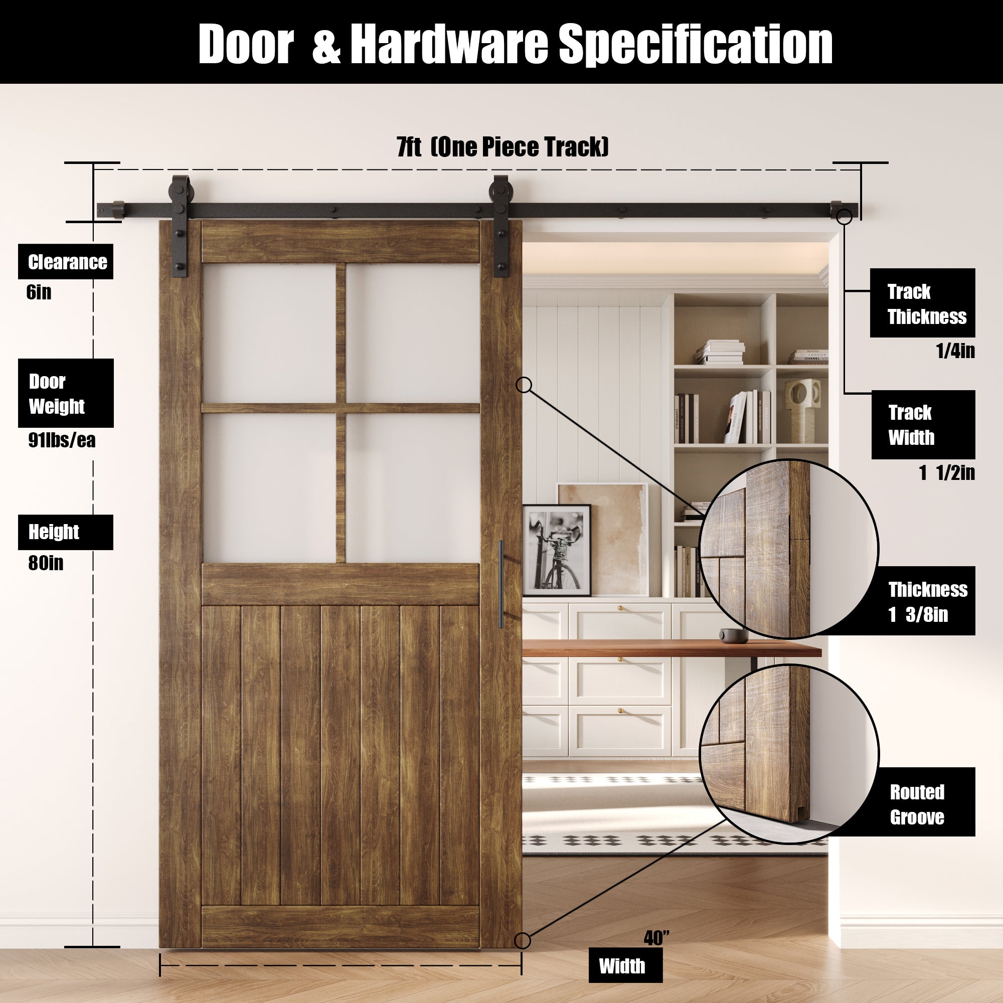 80" Height Dark Walnut Half Lite Grid Glass Unassembled & Finished Pine Wood Barn Door with Non-Bypass Installation Hardware Kit (Interior Use Only)