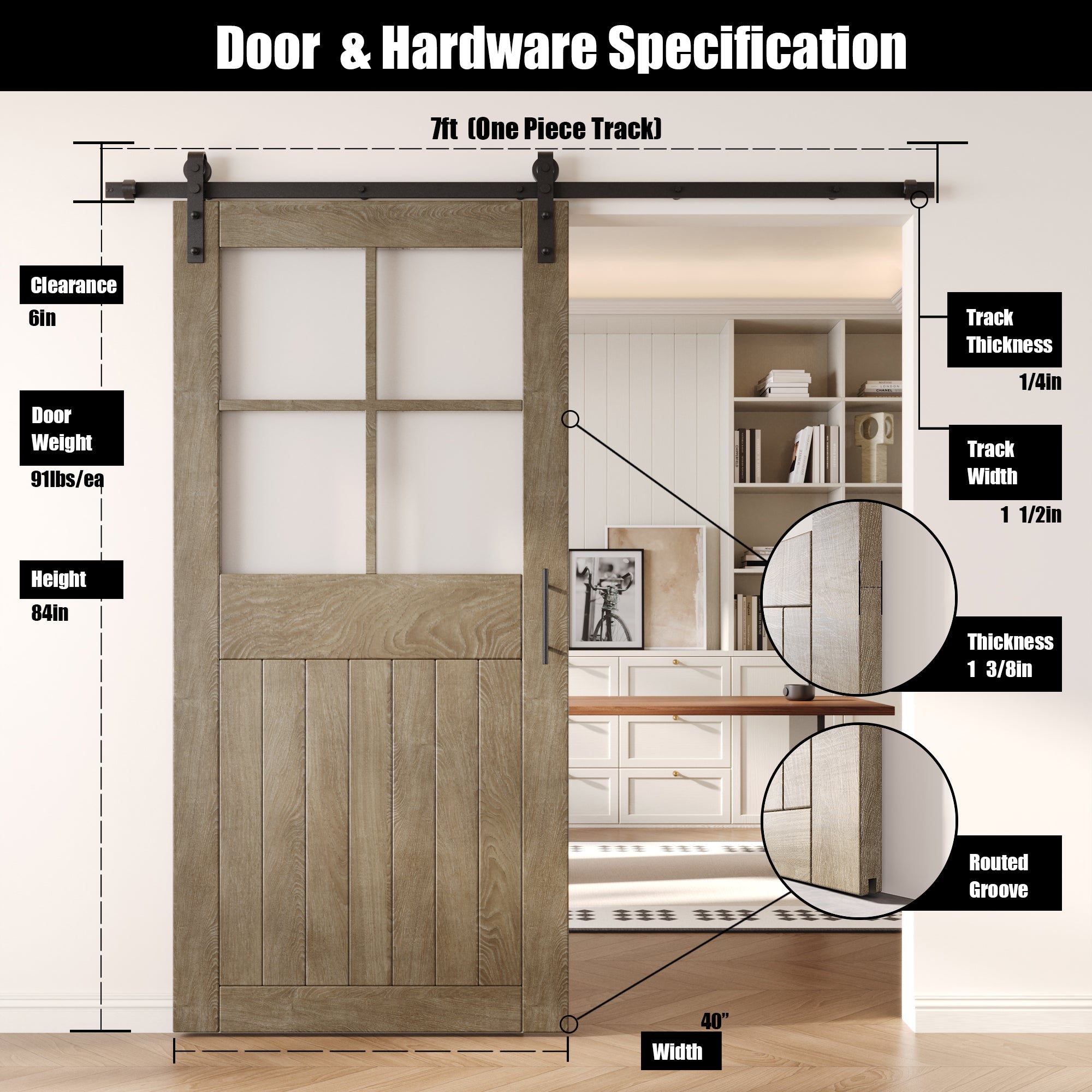 84" Height Classic Gray Half Lite Grid Glass Unassembled & Finished Pine Wood Barn Door with Non-Bypass Installation Hardware Kit (Interior Use Only)