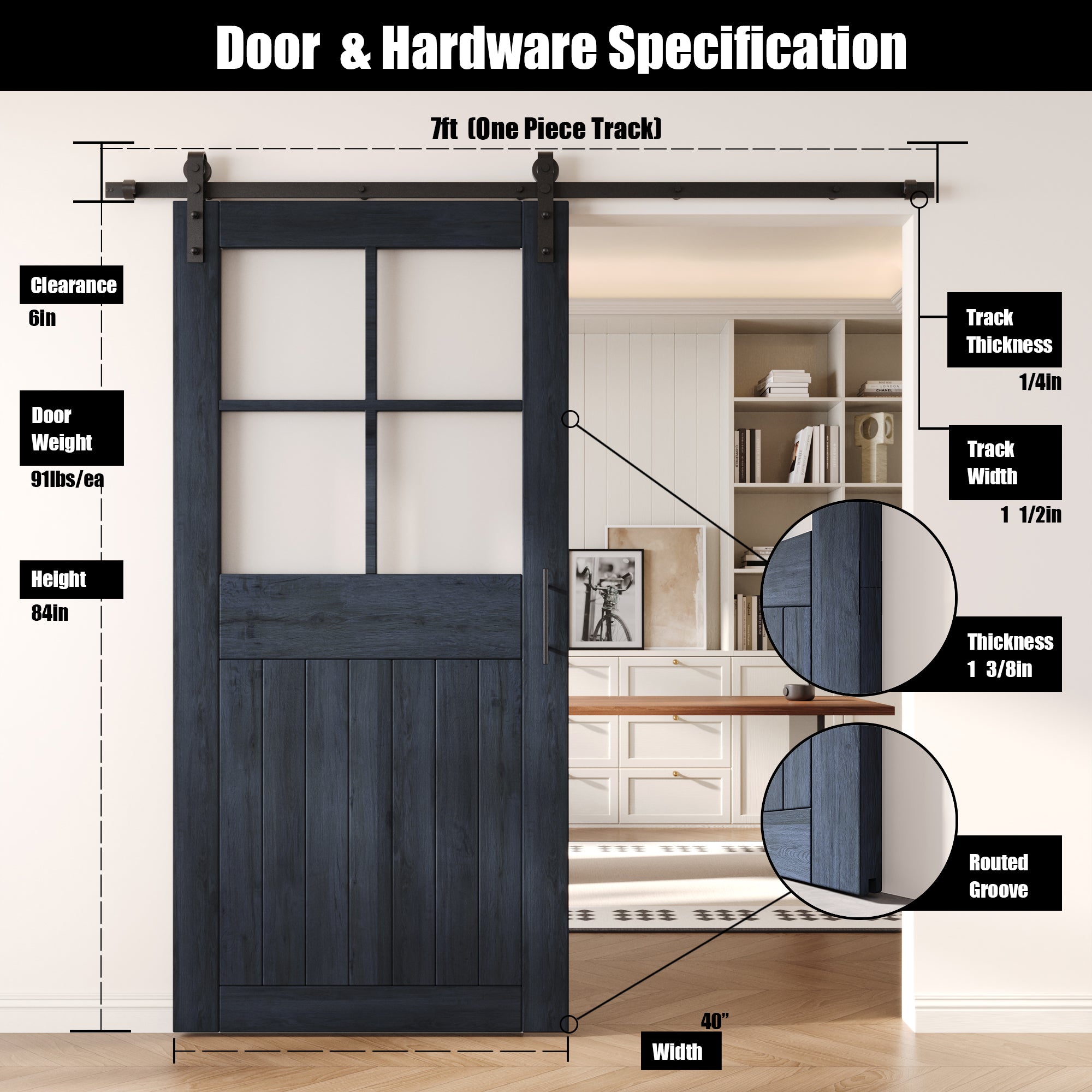 84" Height Navy Half Lite Grid Glass Unassembled & Finished Pine Wood Barn Door with Non-Bypass Installation Hardware Kit (Interior Use Only)