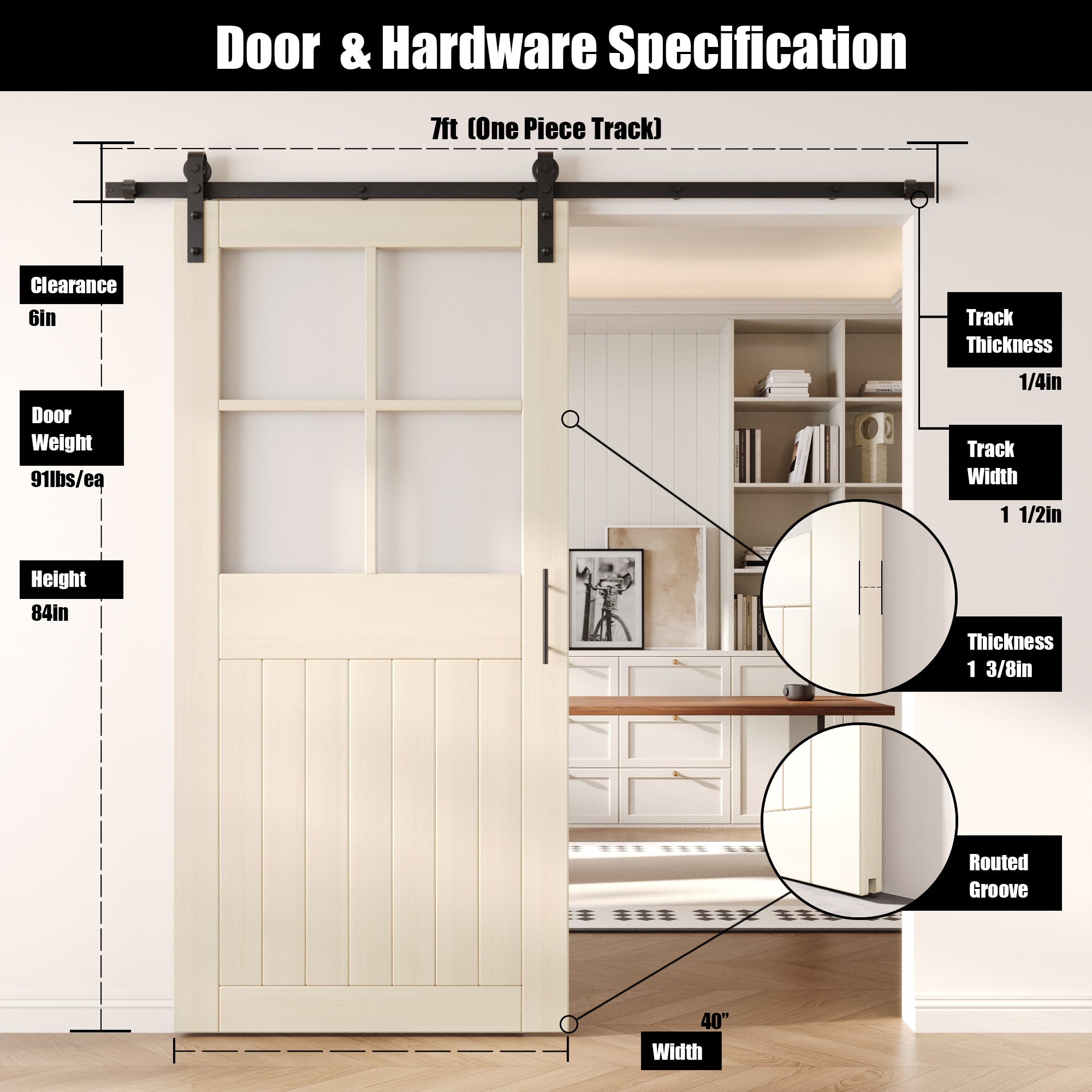 84" Height Tinsmith Gray Half Lite Grid Glass Unassembled & Finished Pine Wood Barn Door with Non-Bypass Installation Hardware Kit (Interior Use Only)