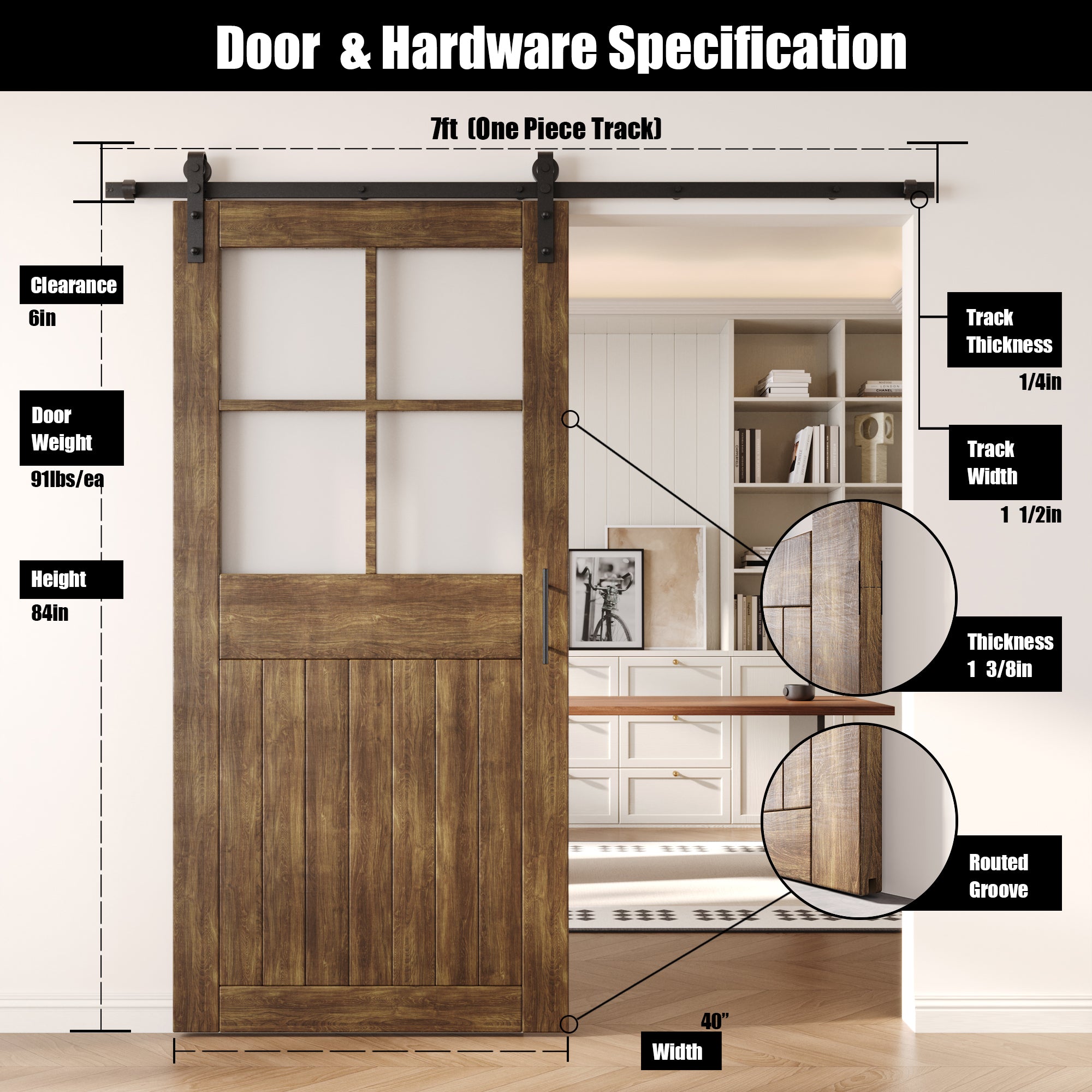 84" Height Dark Walnut Half Lite Grid Glass Unassembled & Finished Pine Wood Barn Door with Non-Bypass Installation Hardware Kit (Interior Use Only)