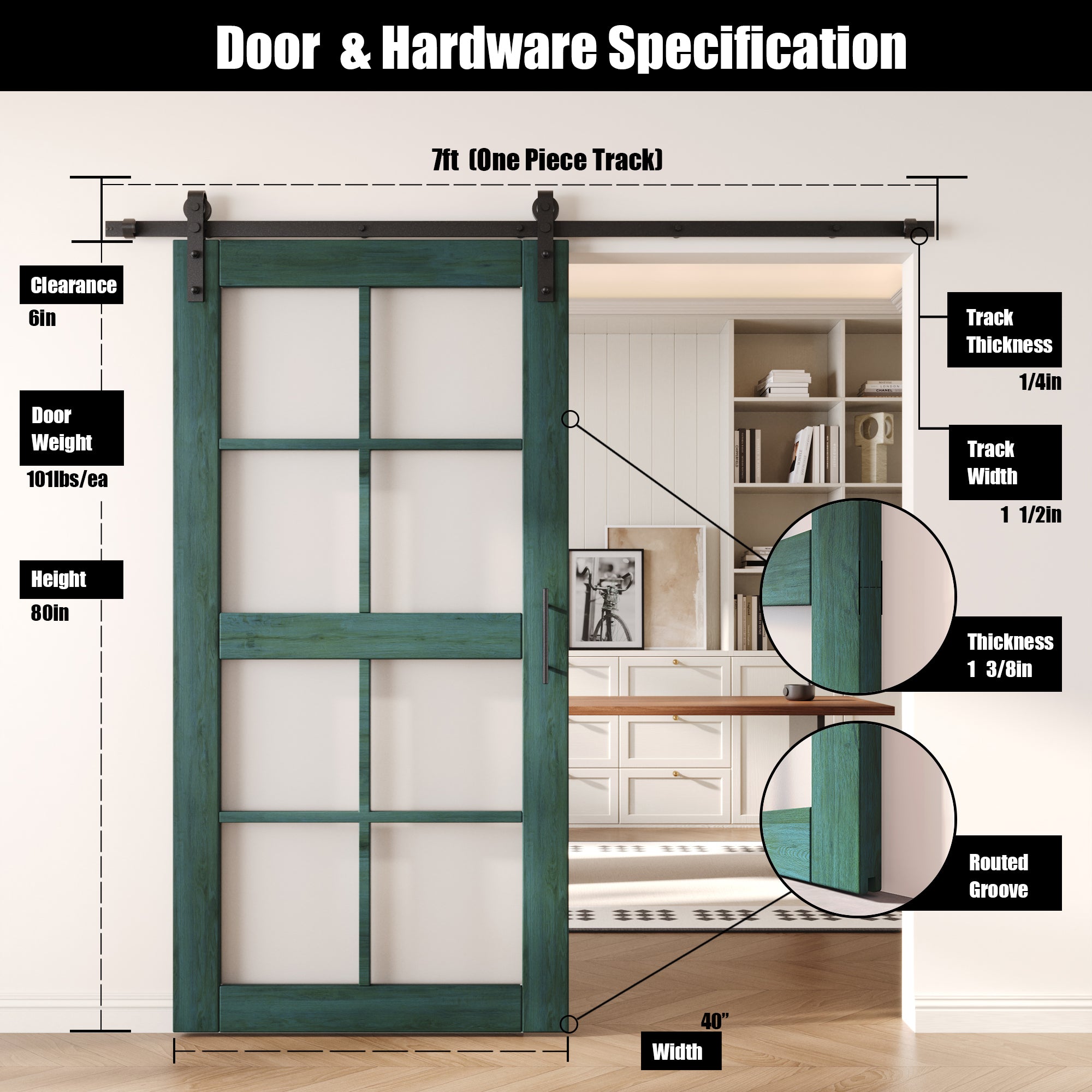80" Height Royal Pine 8-Lite Frosted Glass Unassembled & Finished Pine Wood Barn Door with Non-Bypass Installation Hardware Kit (Interior Use Only)