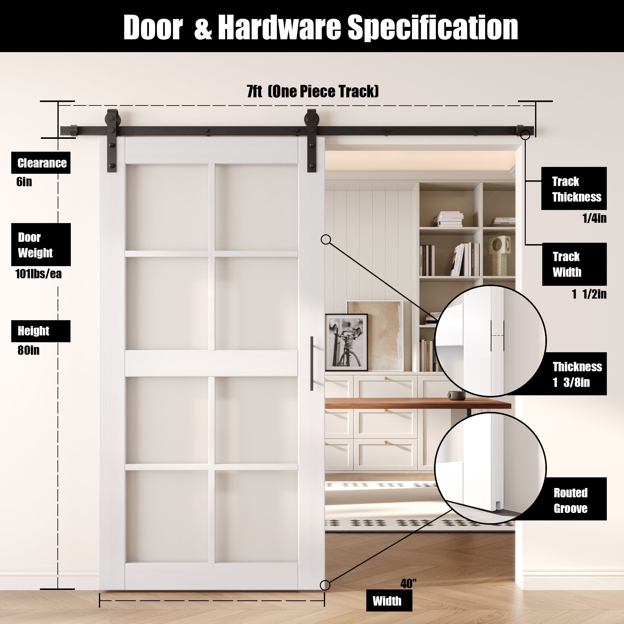 80" Height White 8-Lite Frosted Glass Unassembled & Finished Pine Wood Barn Door with Non-Bypass Installation Hardware Kit (Interior Use Only)