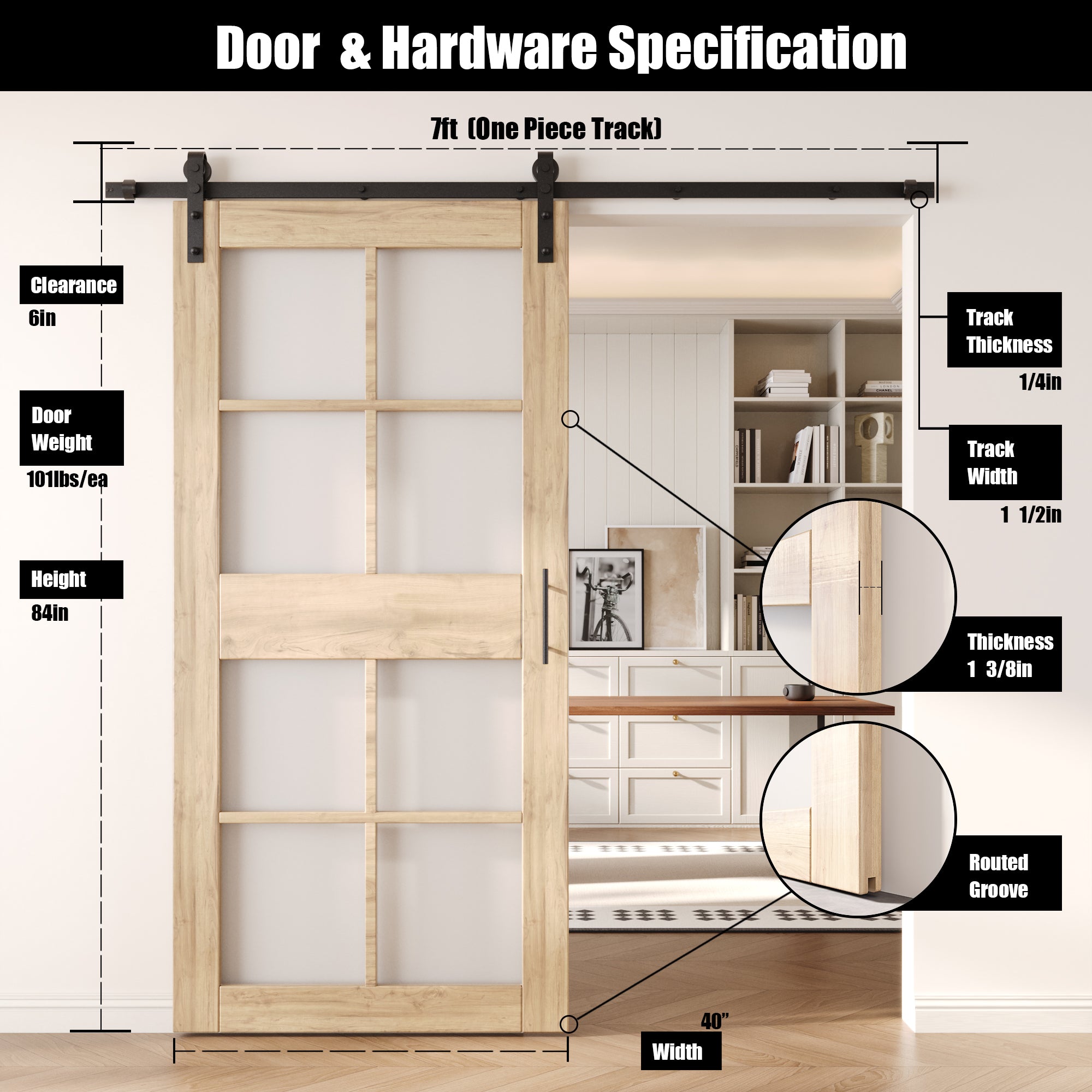 84" Height 8-Lite Frosted Glass Unassembled & Unfinished Pine Wood Barn Door with Non-Bypass Installation Hardware Kit (Interior Use Only)