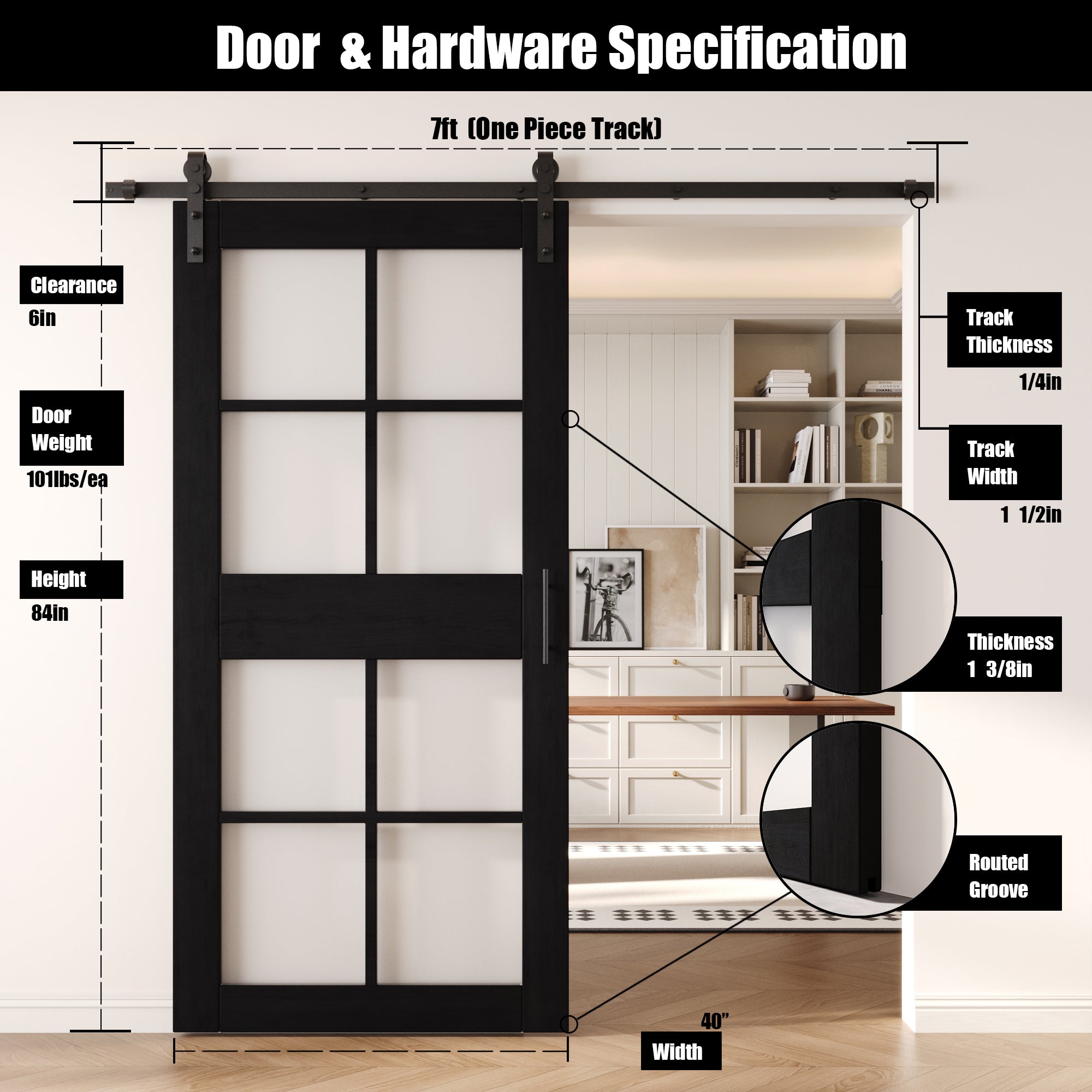 84" Height Black 8-Lite Frosted Glass Unassembled & Finished Pine Wood Barn Door with Non-Bypass Installation Hardware Kit (Interior Use Only)