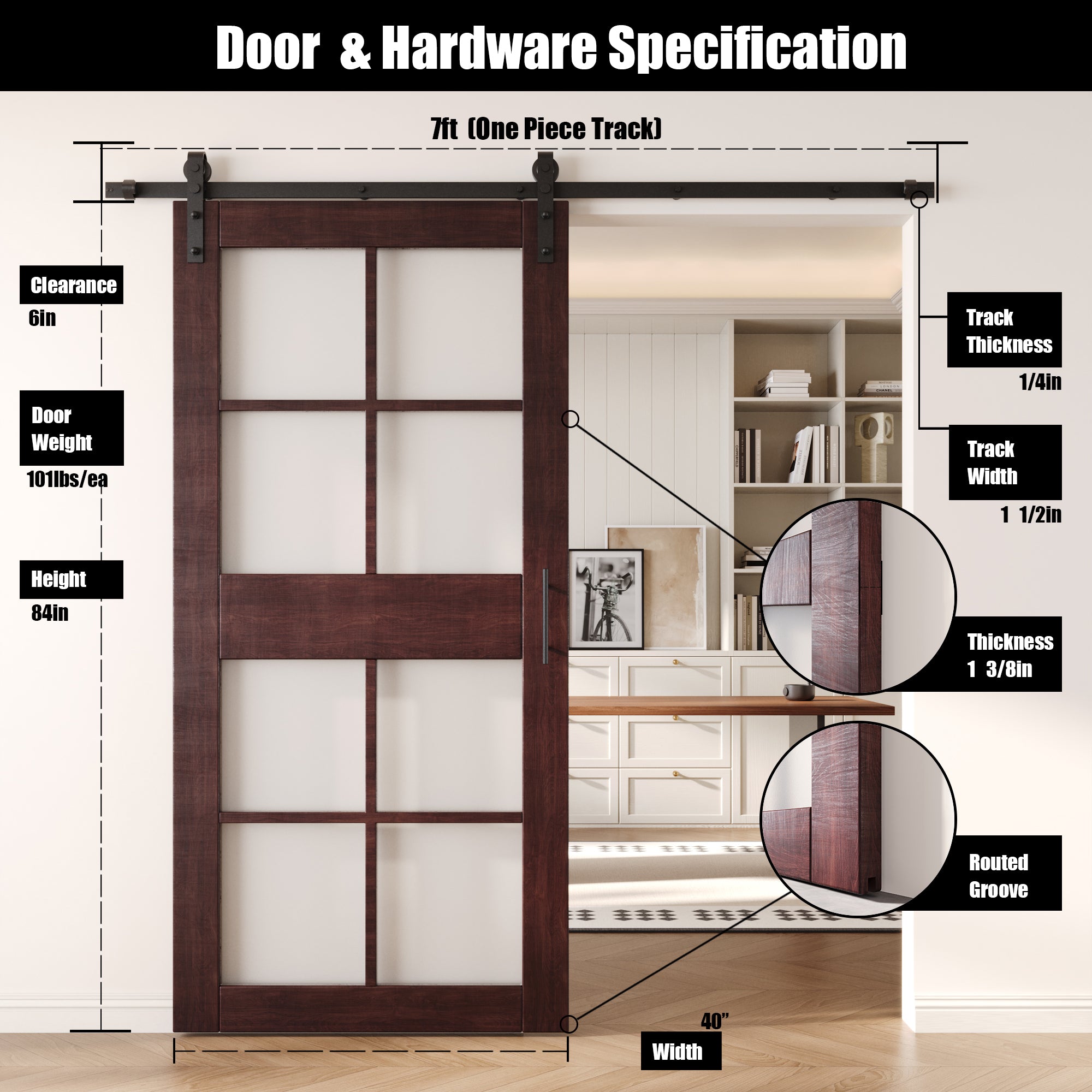 84" Height Red Mahogany 8-Lite Frosted Glass Unassembled & Finished Pine Wood Barn Door with Non-Bypass Installation Hardware Kit (Interior Use Only)