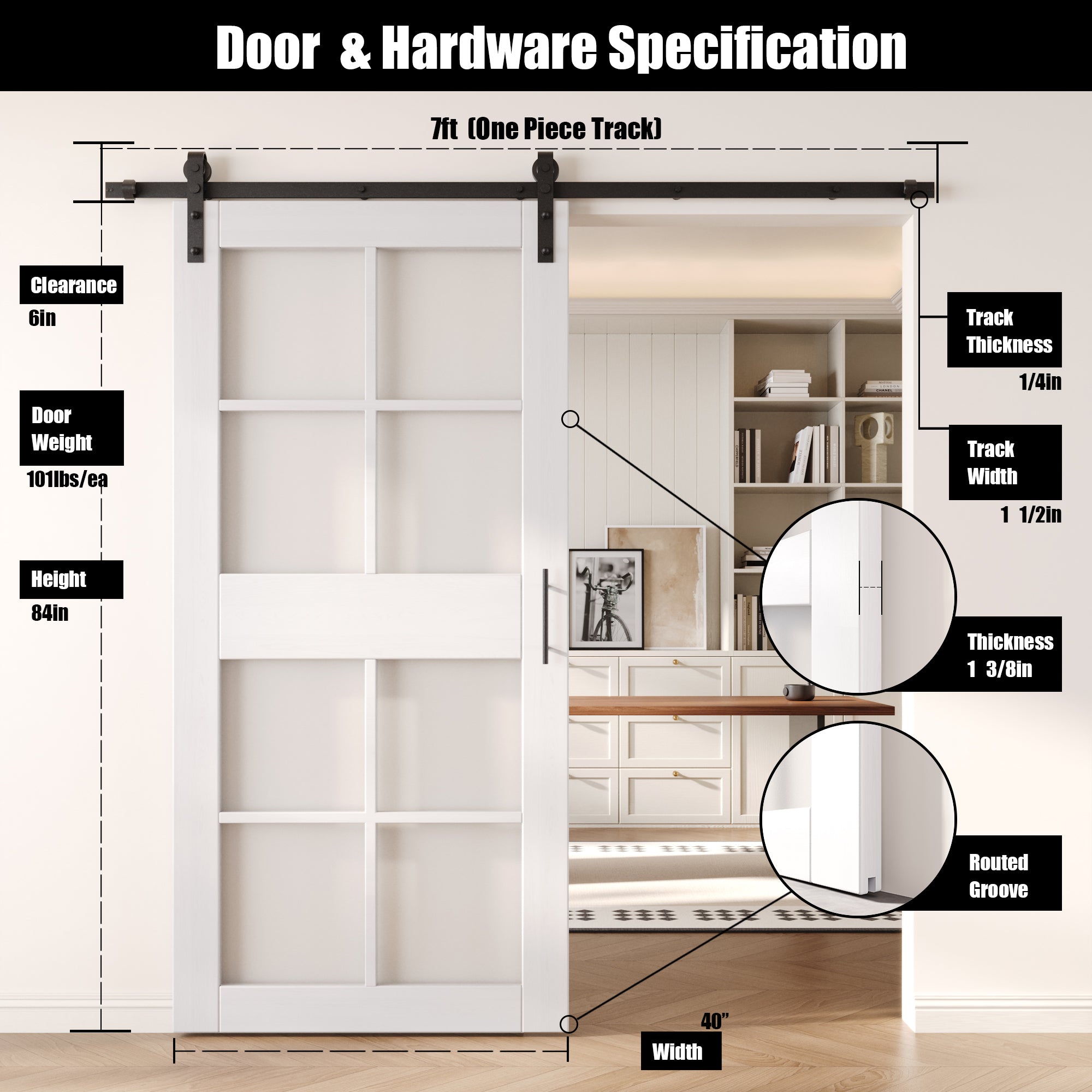 84" Height White 8-Lite Frosted Glass Unassembled & Finished Pine Wood Barn Door with Non-Bypass Installation Hardware Kit (Interior Use Only)