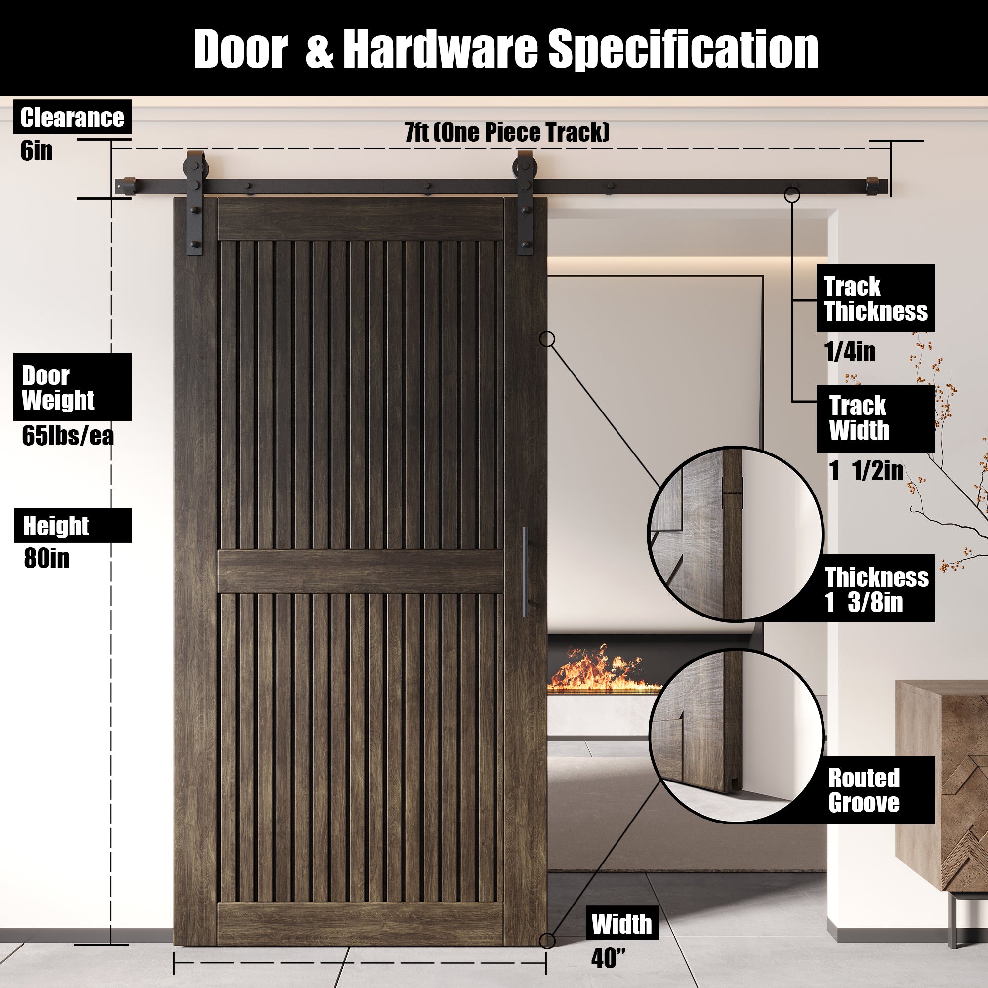 80" Height Ebony Vertical Stripe Design Unassembled & Finished Pine Wood Barn Door with Non-Bypass Installation Hardware Kit(Interior Use Only)