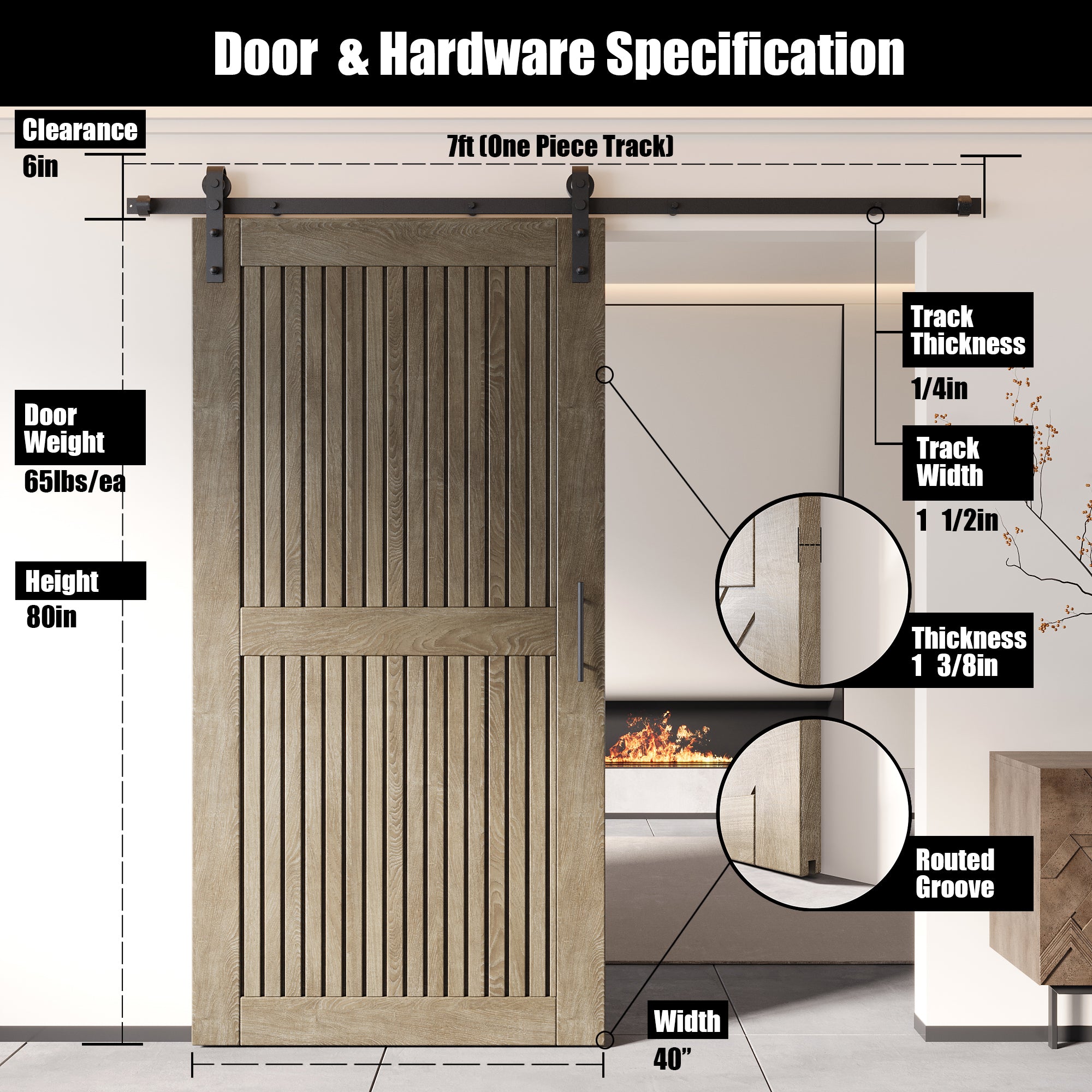80" Height Classic Gray Vertical Stripe Design Unassembled & Finished Pine Wood Barn Door with Non-Bypass Installation Hardware Kit(Interior Use Only)